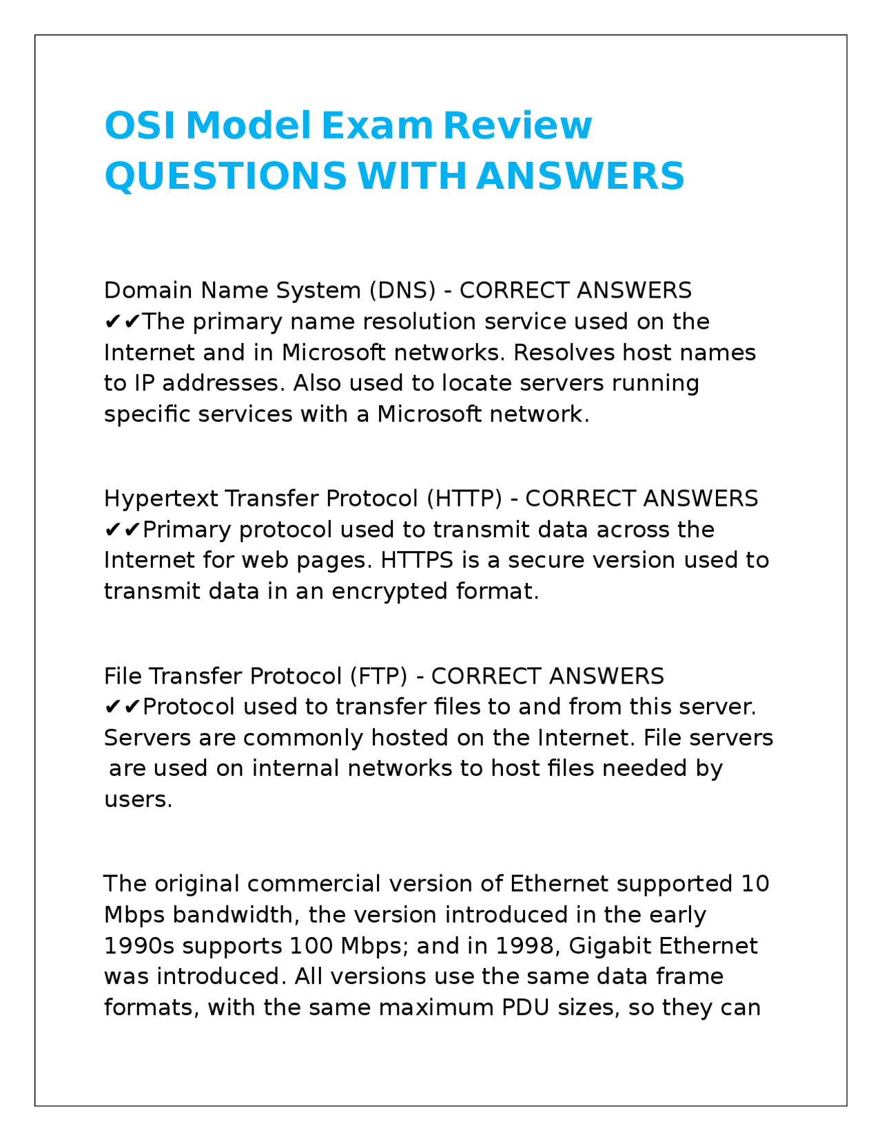 OSI Model Exam Review QUESTIONS WITH ANSWERS. | Exams Computer Science ...