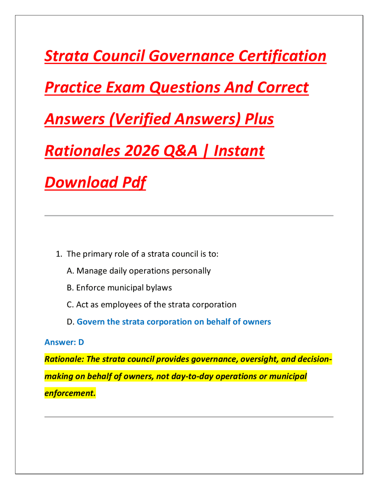 Strata Governance Strata Council Governance Certification Practice Exam Questions And ...