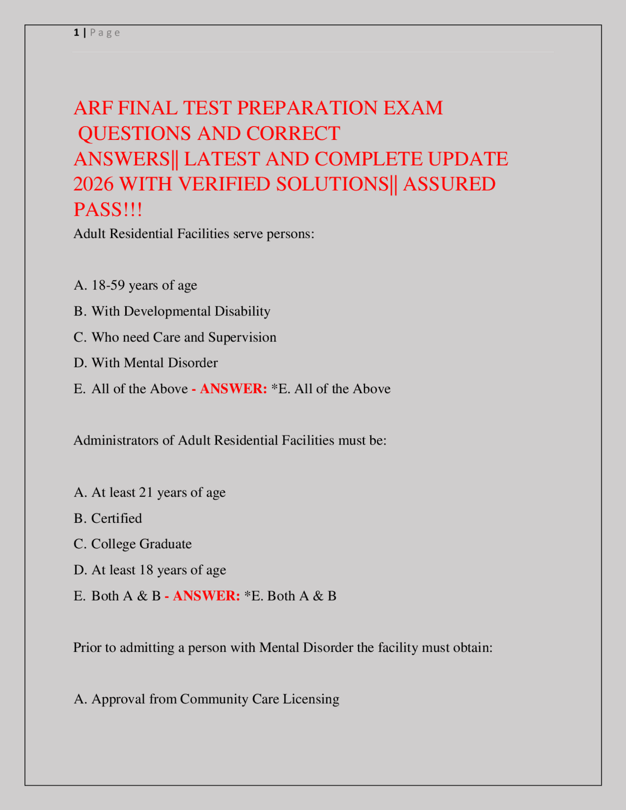 ARF Final Test Prep Exam Questions & Answers 2026 | Exams Nursing | Docsity