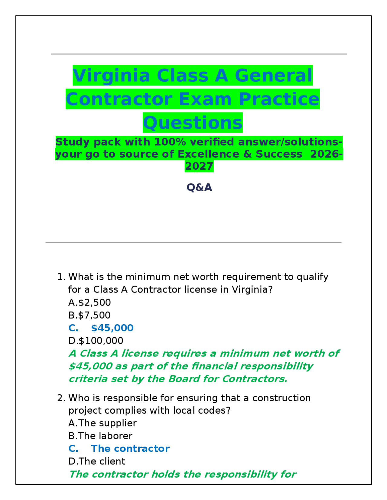 Virginia Class A General Contractor Exam Practice Questions Study pack ...