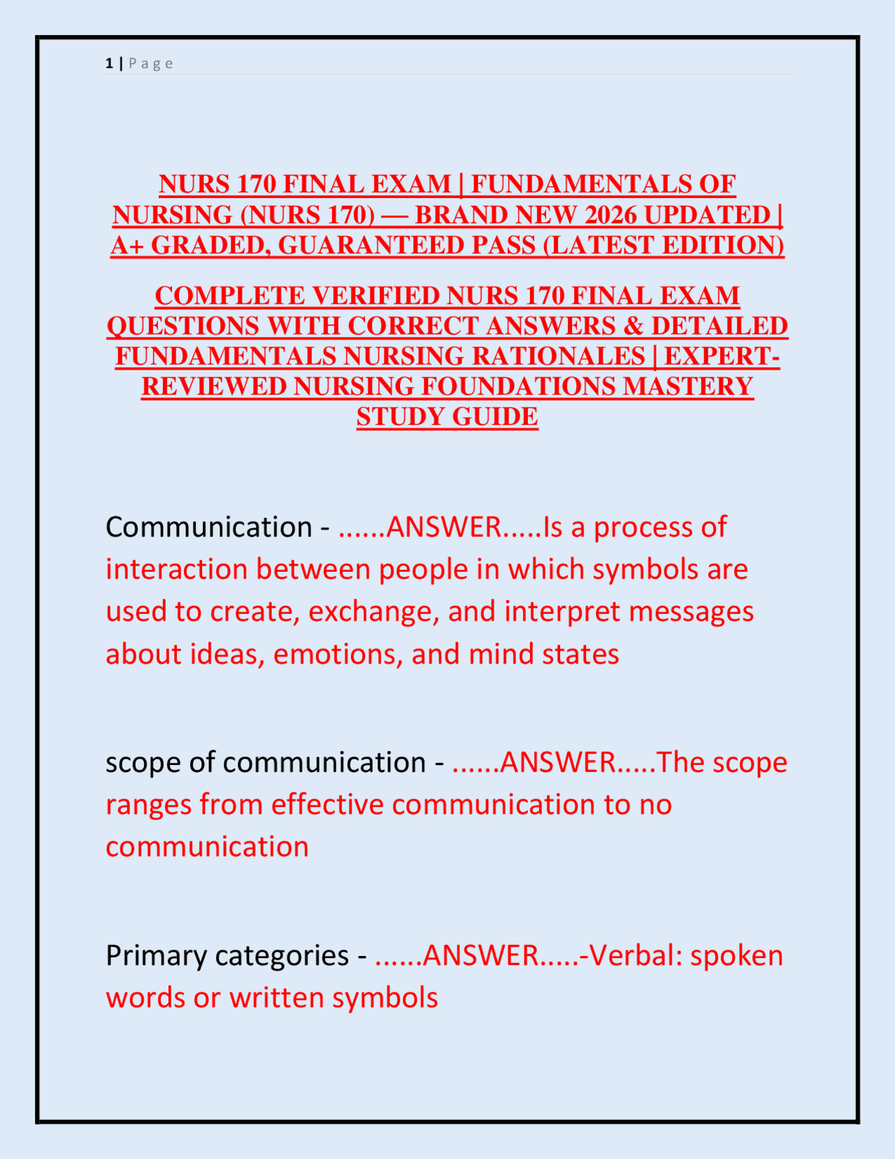 NURS 170 FINAL EXAM | FUNDAMENTALS OF NURSING (NURS 170) — BRAND NEW ...