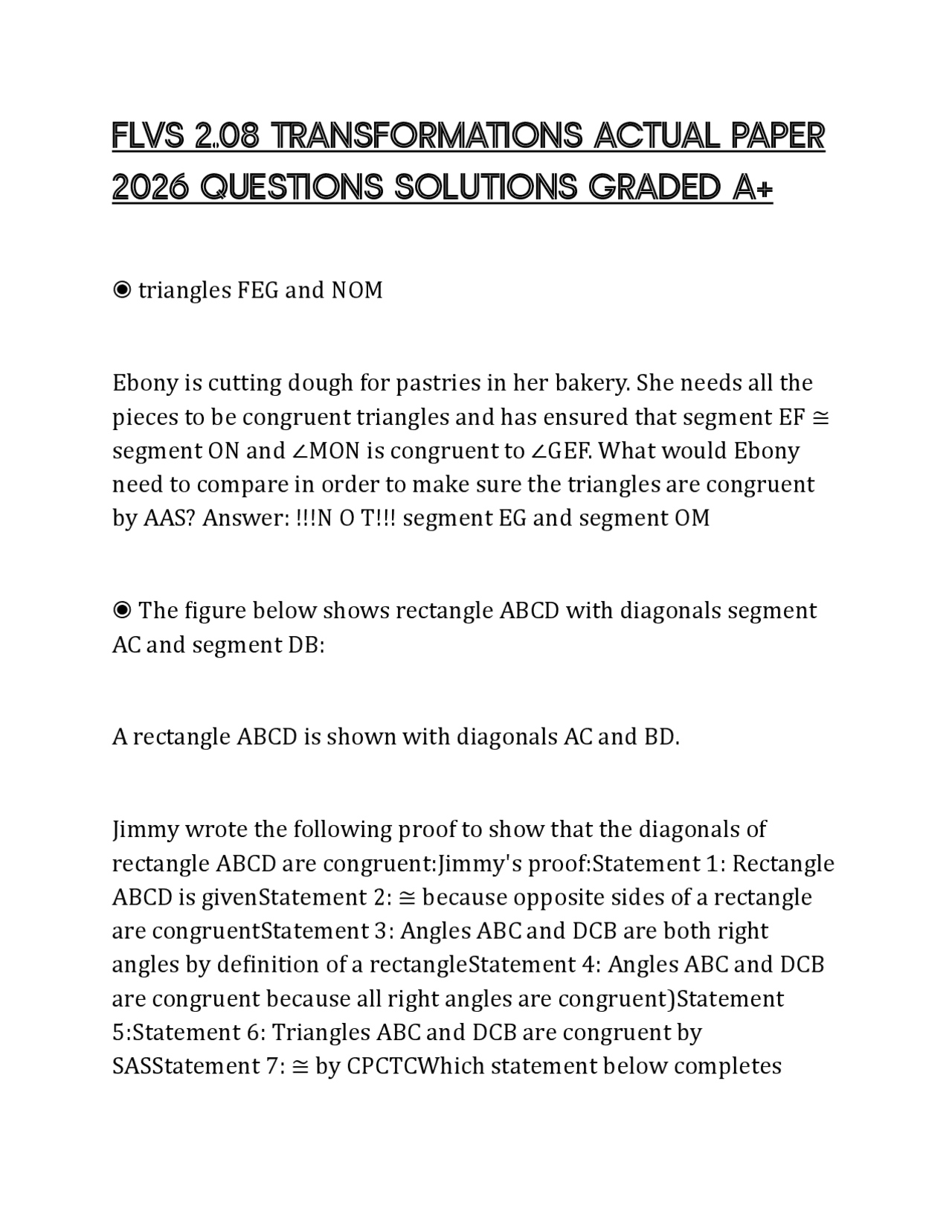 Flvs Math FLVS 2.08 TRANSFORMATIONS ACTUAL PAPER 2026 QUESTIONS SOLUTIONS GRADED ...