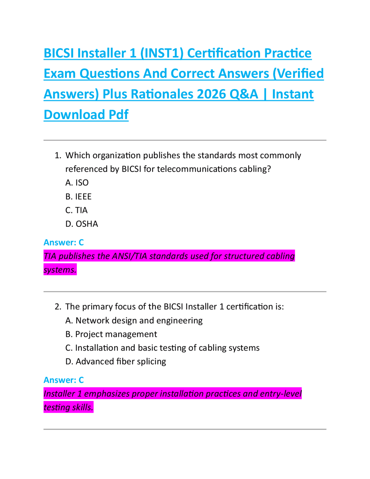 BICSI Installer 1 (INST1) Certification Practice Exam Questions And Correct Answers (Veri ...