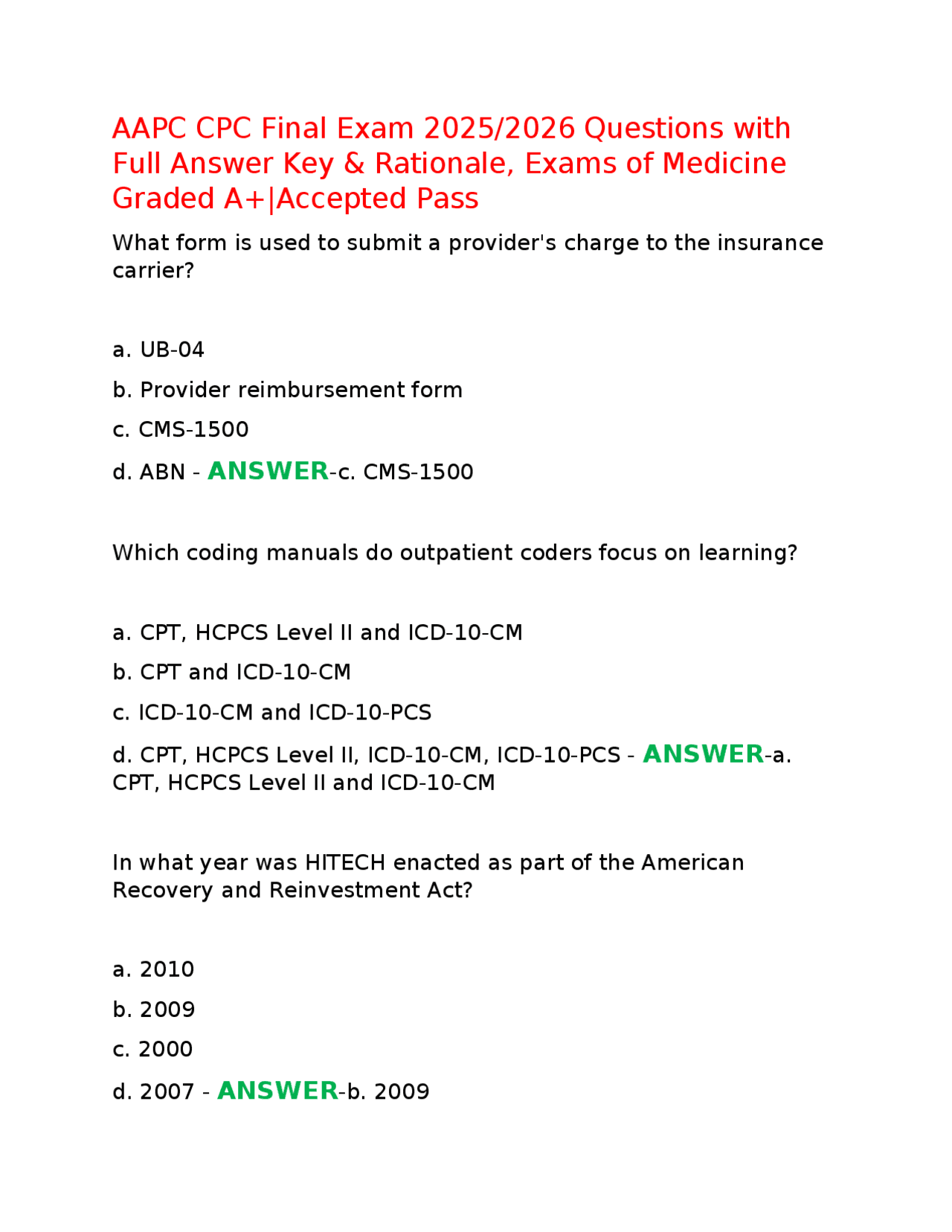 AAPC CPC Final Exam 2025/2026 Questions with Full Answer Key ...