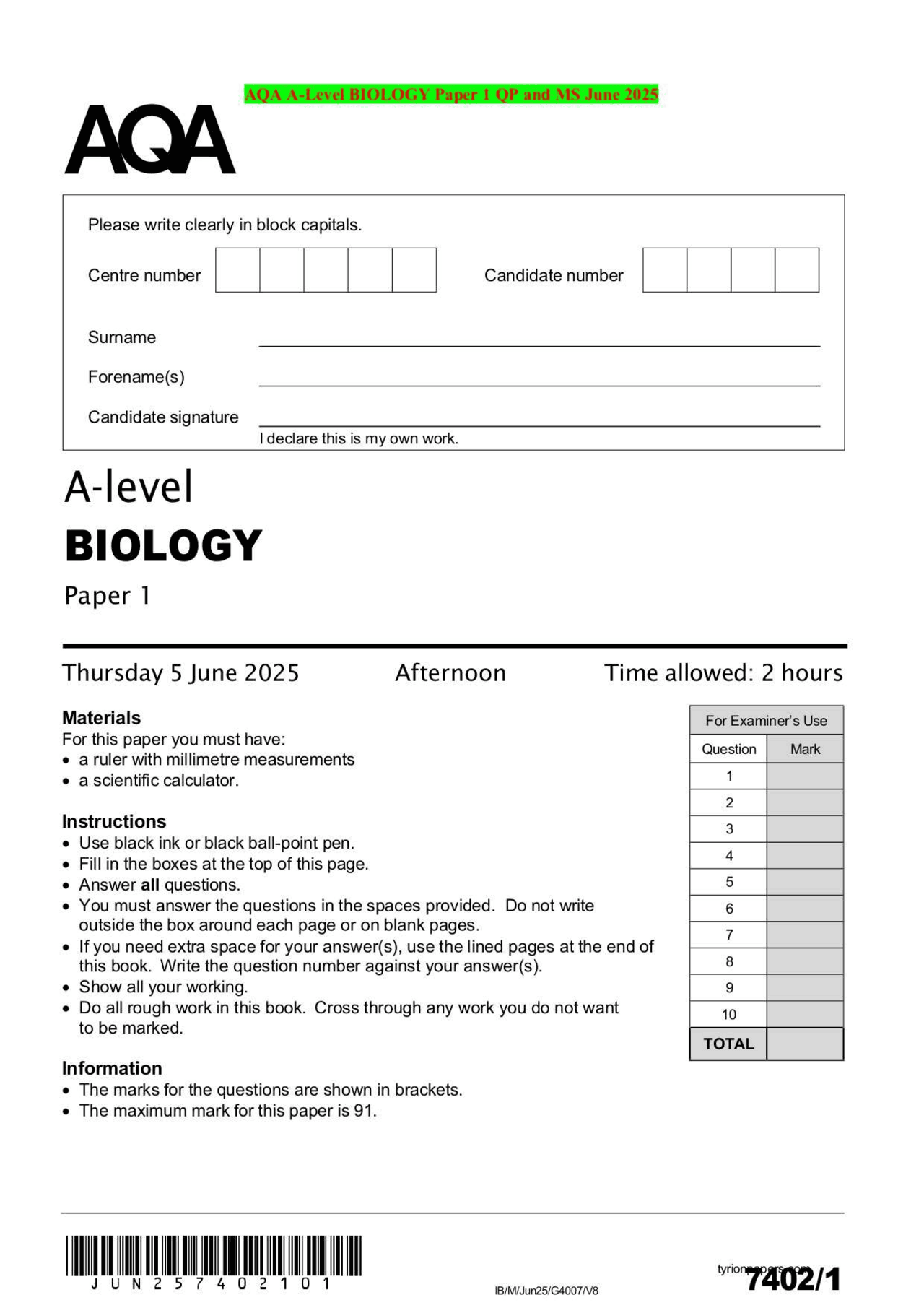 AQA A-Level BIOLOGY Paper 1 QP and MS June 2025 | Exams Biology