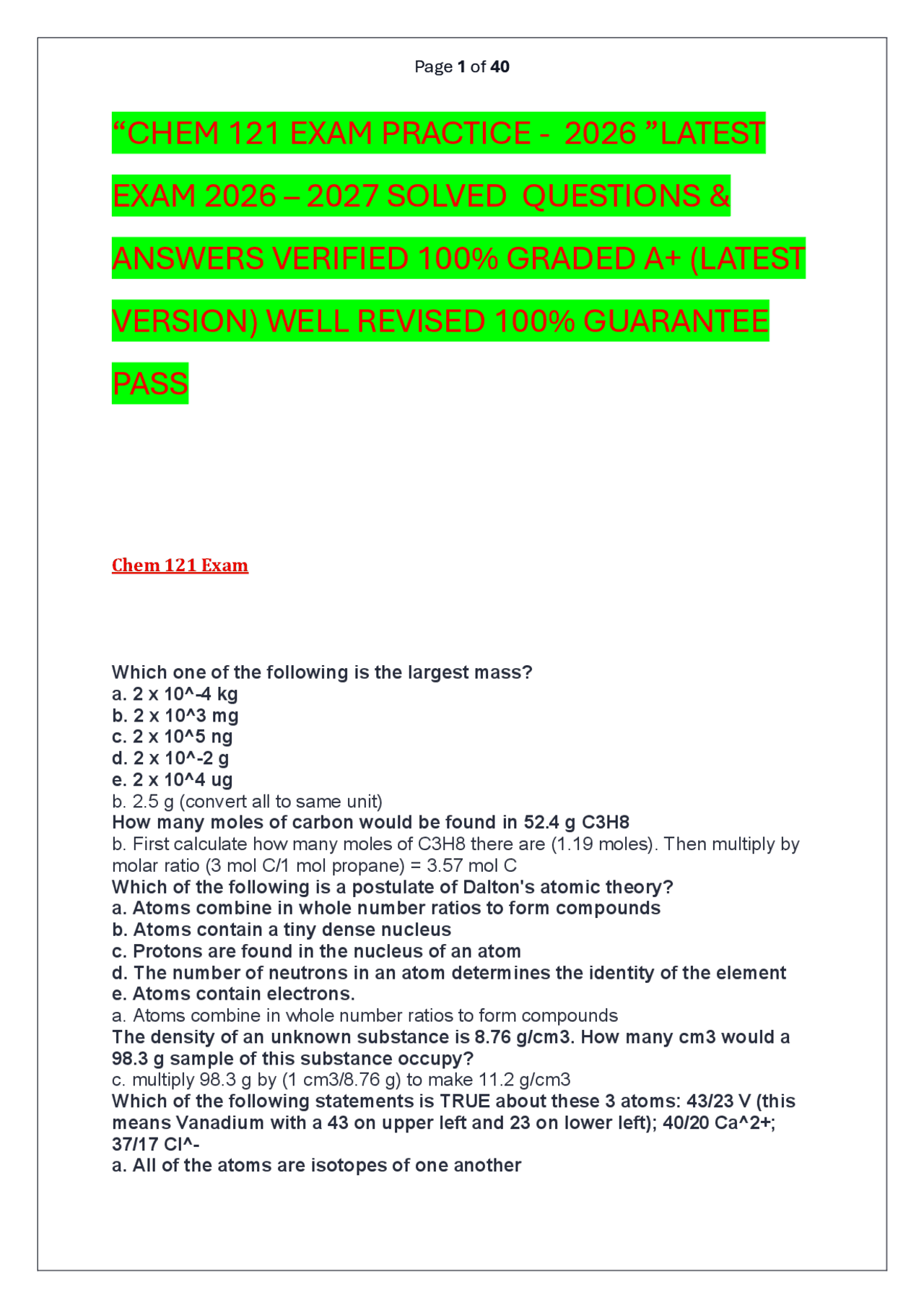 “CHEM 121 EXAM PRACTICE - 2026 ”LATEST EXAM 2026 – 2027 SOLVED ...