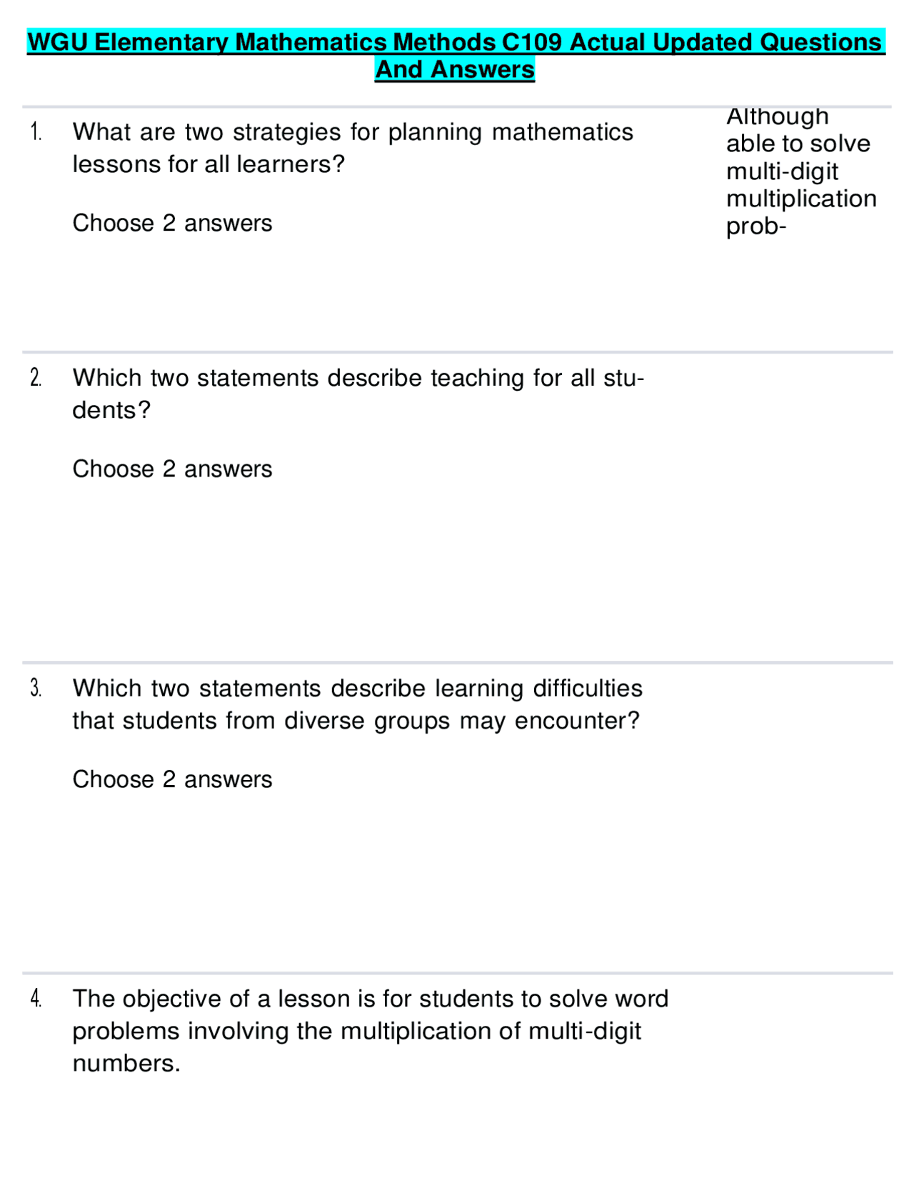 Wgu Math Methods Task 1 WGU Elementary Mathematics Methods C109 Actual Updated Questions And ...