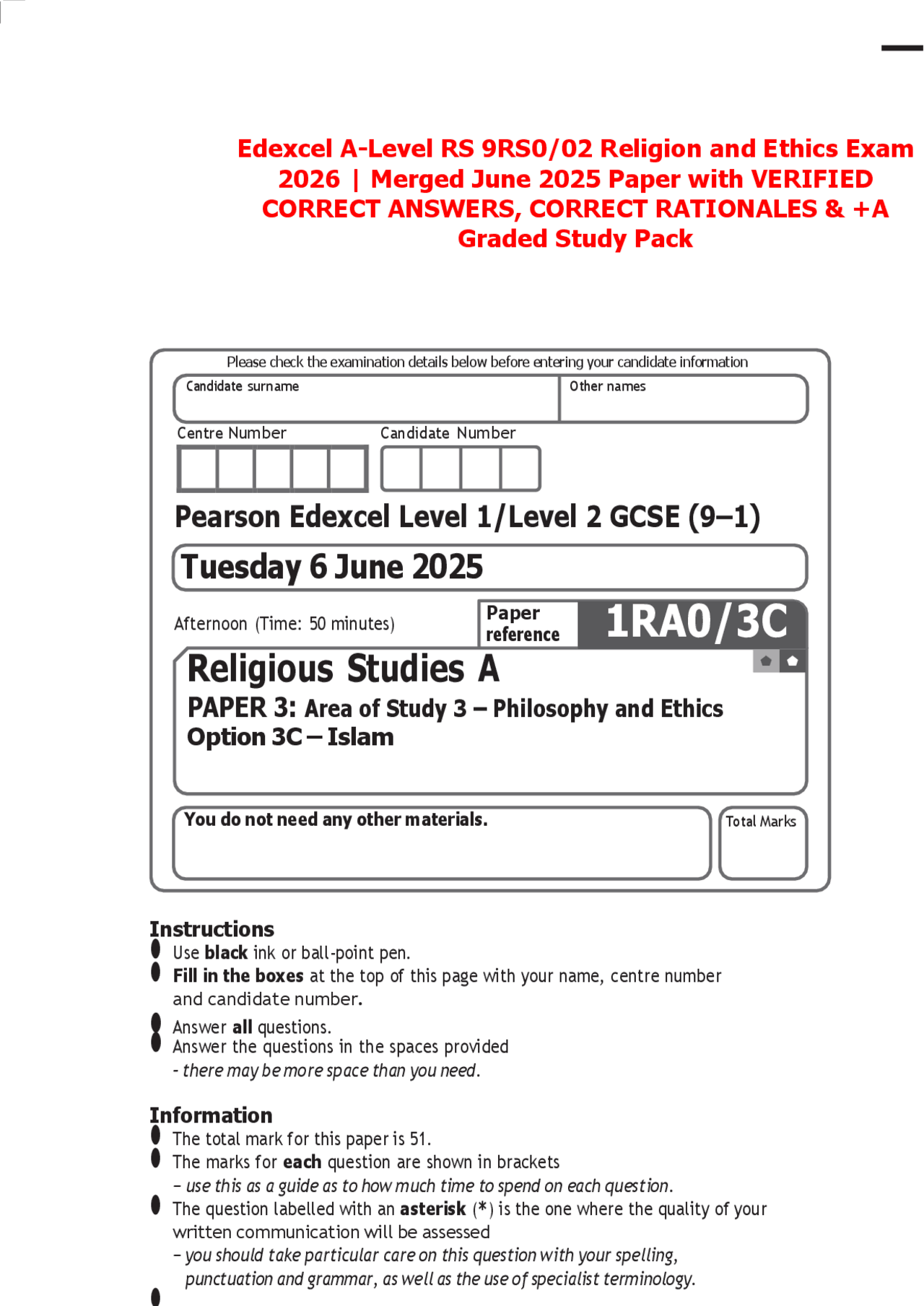 Edexcel A-Level RS 9RS0/02 Religion and Ethics Exam 2026 | Merged June ...