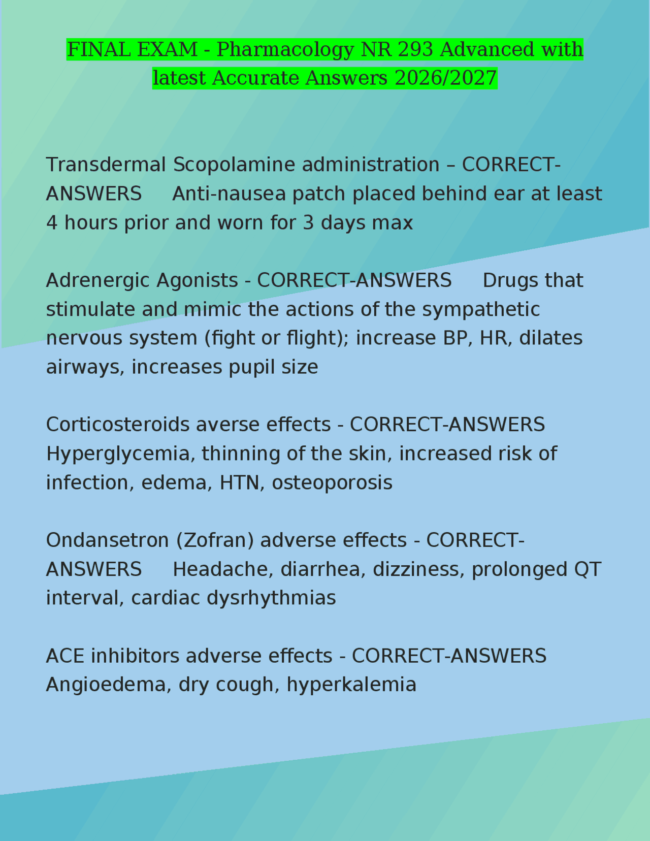 FINAL EXAM - Pharmacology NR 293 Advanced with latest Accurate Answers ...
