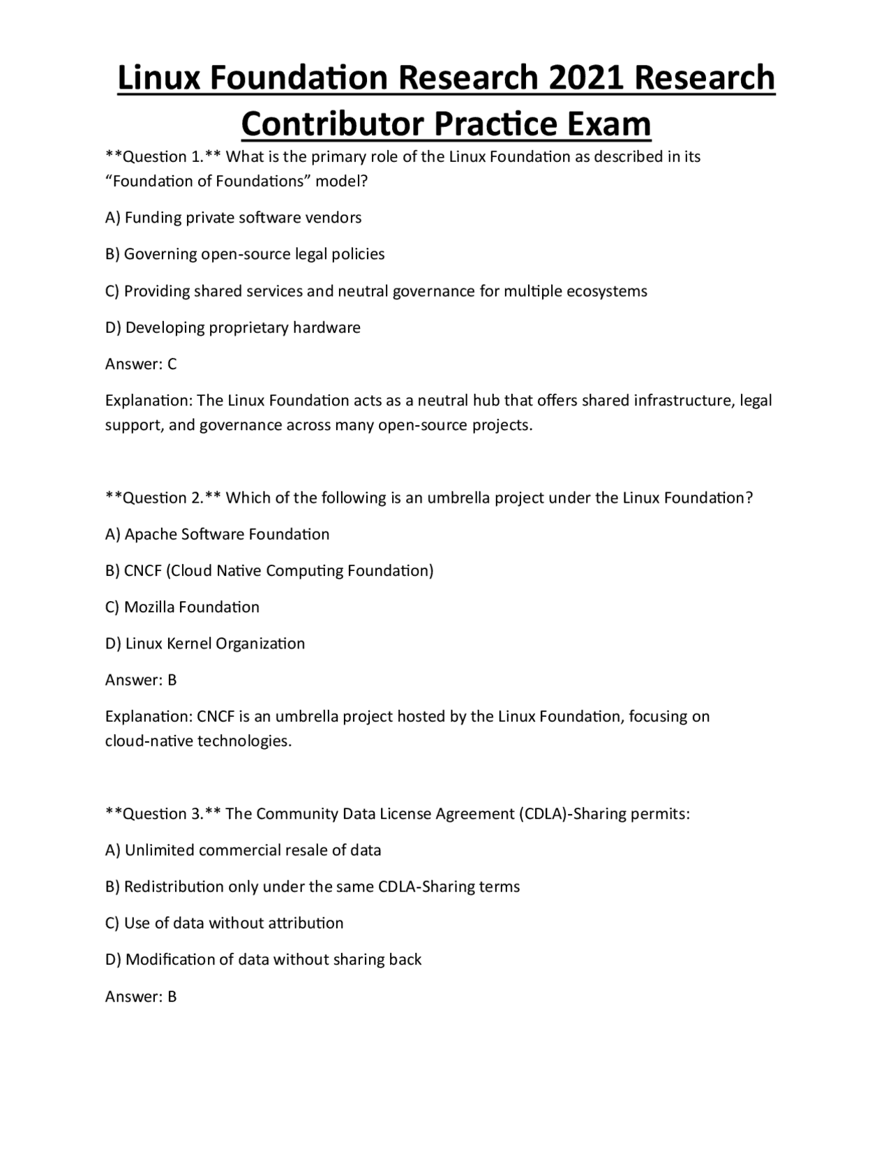 Linux Foundation Research 2021 Research Contributor Practice Exam ...