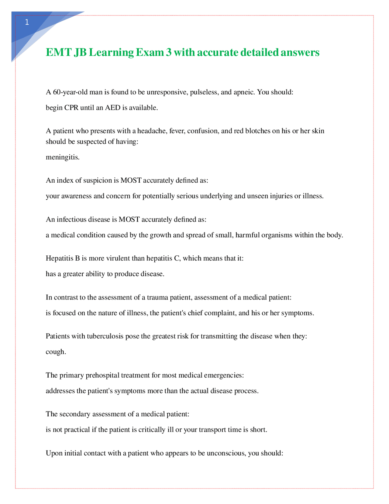 EMT JB Learning Exam 3 with accurate detailed answers | Exams