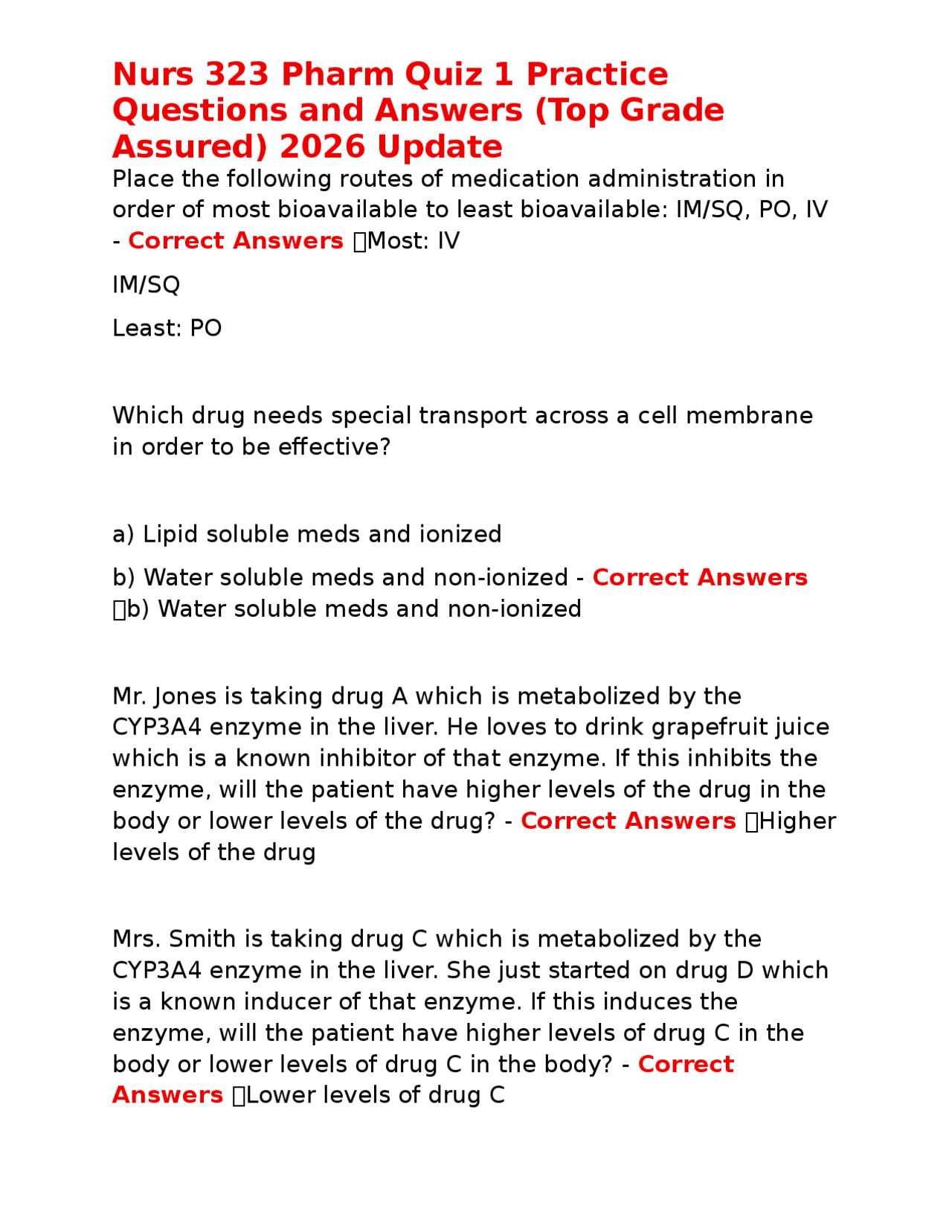 Nurs 323 Pharm Quiz 1 Practice Questions and Answers (Top Grade Assured ...