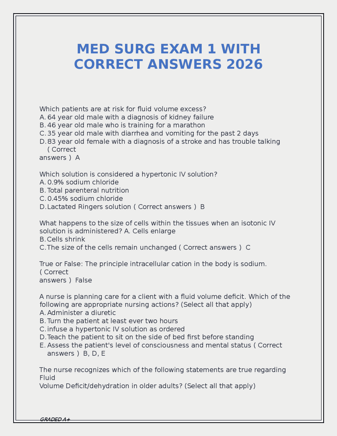 MED SURG EXAM 1 WITH CORRECT ANSWERS 2026 | Exams Nursing | Docsity