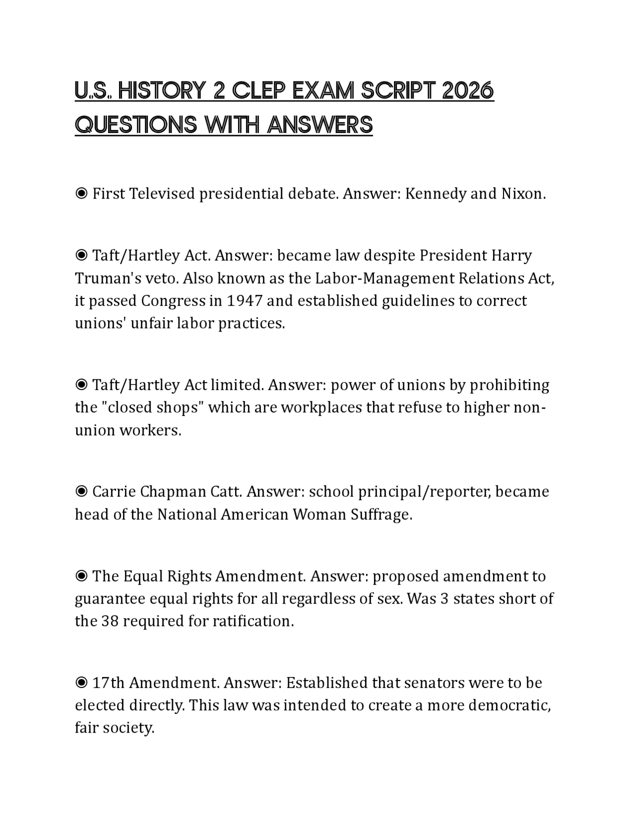 U.S. HISTORY 2 CLEP EXAM SCRIPT 2026 QUESTIONS WITH ANSWERS | Exams ...