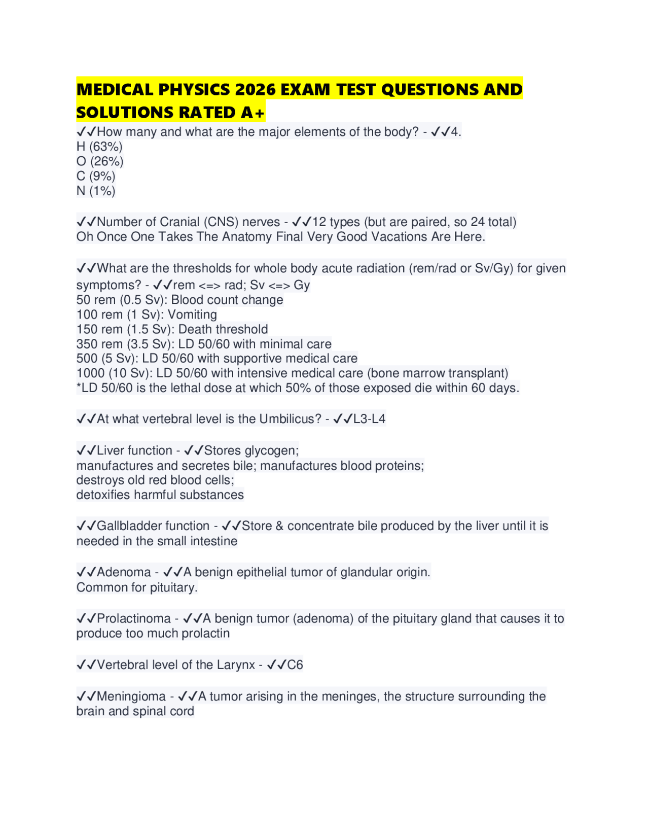 Biomedical Physics Example Question MEDICAL PHYSICS 2026 EXAM TEST QUESTIONS AND SOLUTIONS RATED A+ | Exams ...