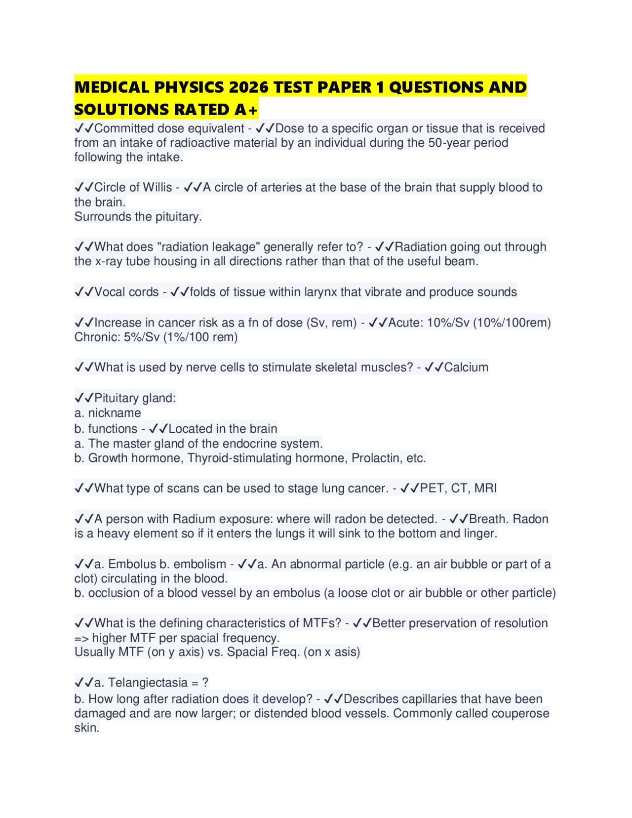 Biomedical Physics Example Question MEDICAL PHYSICS 2026 TEST PAPER 1 QUESTIONS AND SOLUTIONS RATED A+ ...