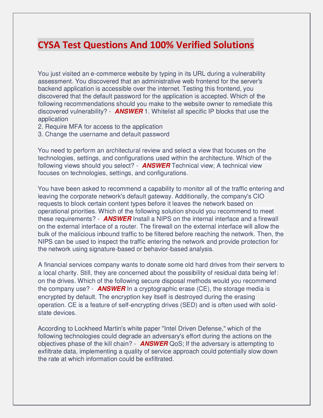CYSA Test Questions And 100% Verified Solutions | Exams Nursing | Docsity