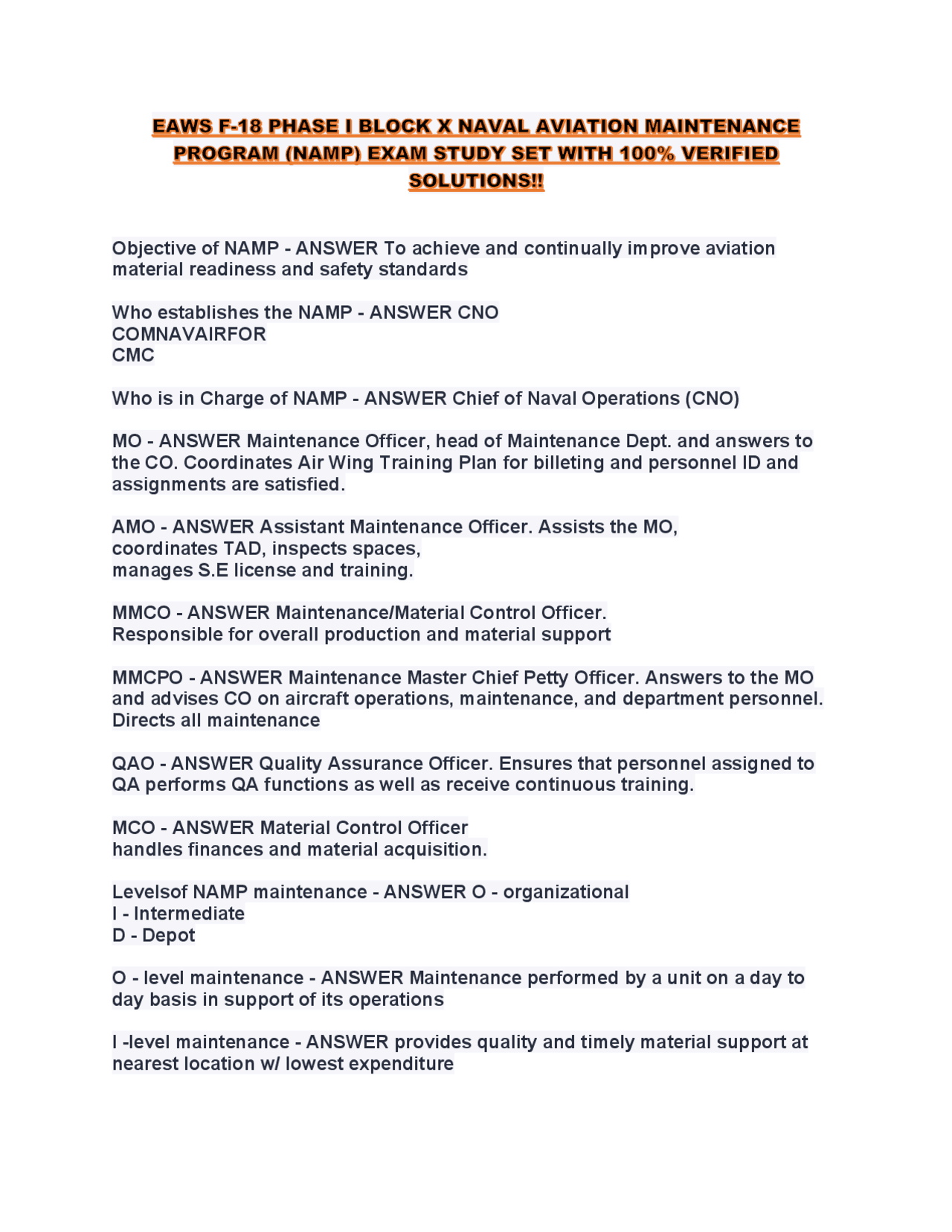 EAWS F-18 PHASE I BLOCK X NAVAL AVIATION MAINTENANCE PROGRAM (NAMP ...