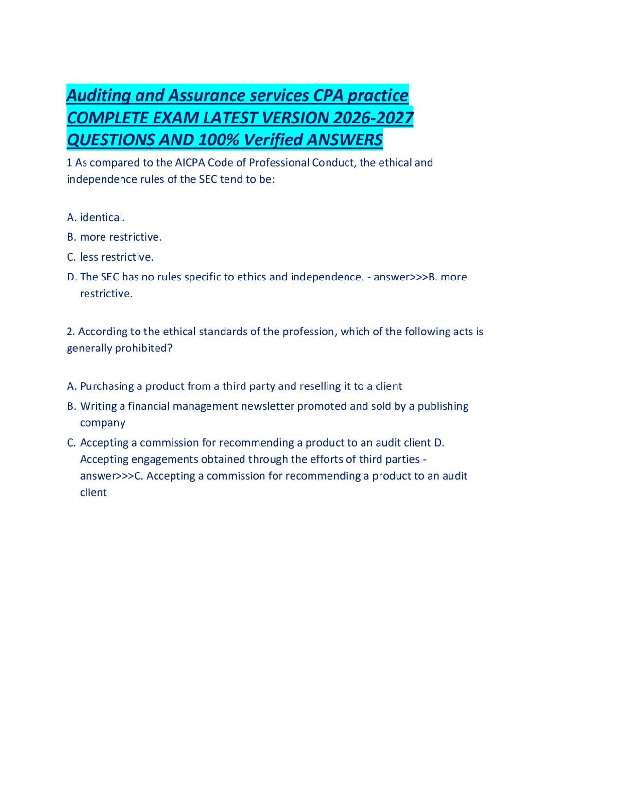Auditing and Assurance services CPA practice COMPLETE EXAM LATEST ...