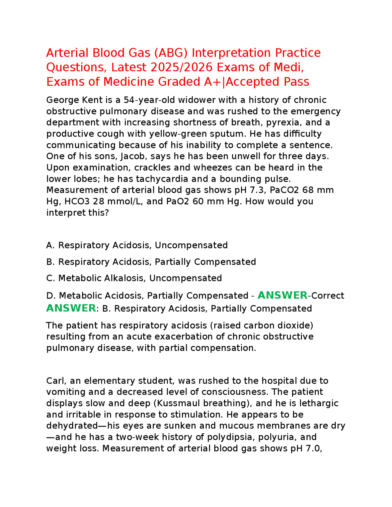 Sample Abg Problems Arterial Blood Gas (ABG) Interpretation Practice Questions, Latest 2025 ...