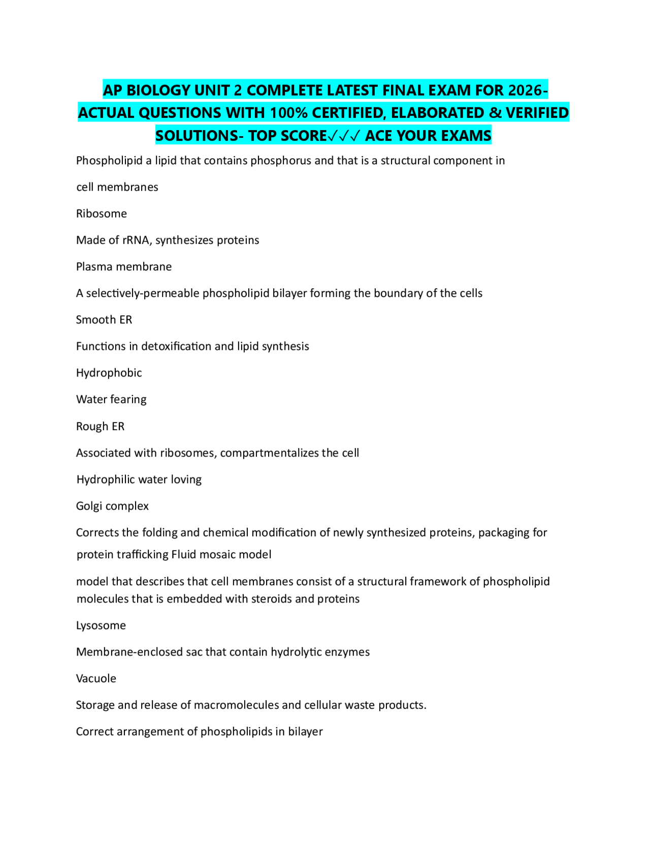 AP BIOLOGY UNIT 2 COMPLETE LATEST FINAL EXAM FOR 2026- ACTUAL QUESTIONS ...
