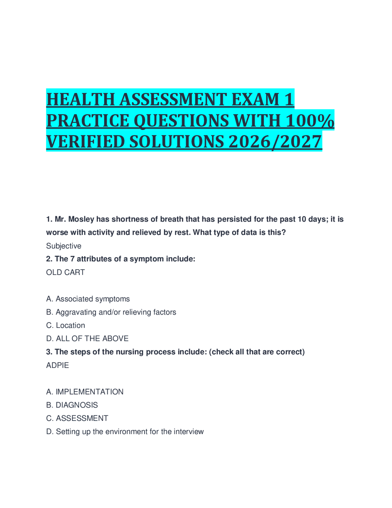 HEALTH ASSESSMENT EXAM 1 PRACTICE QUESTIONS WITH 100% VERIFIED ...