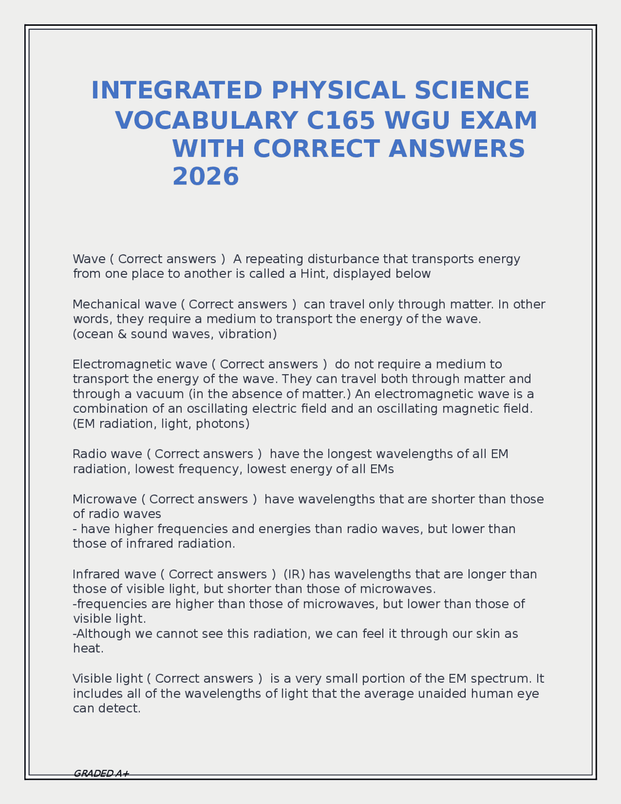 INTEGRATED PHYSICAL SCIENCE VOCABULARY C165 WGU EXAM WITH CORRECT ...