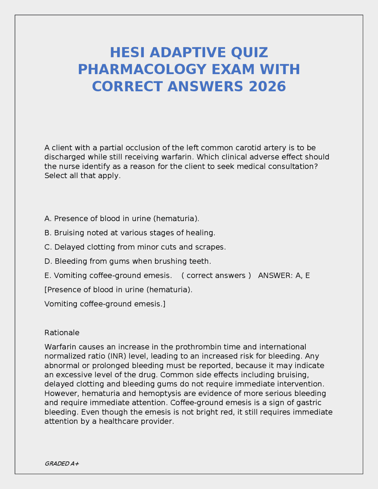 HESI ADAPTIVE QUIZ PHARMACOLOGY EXAM WITH CORRECT ANSWERS 2026 | Exams ...