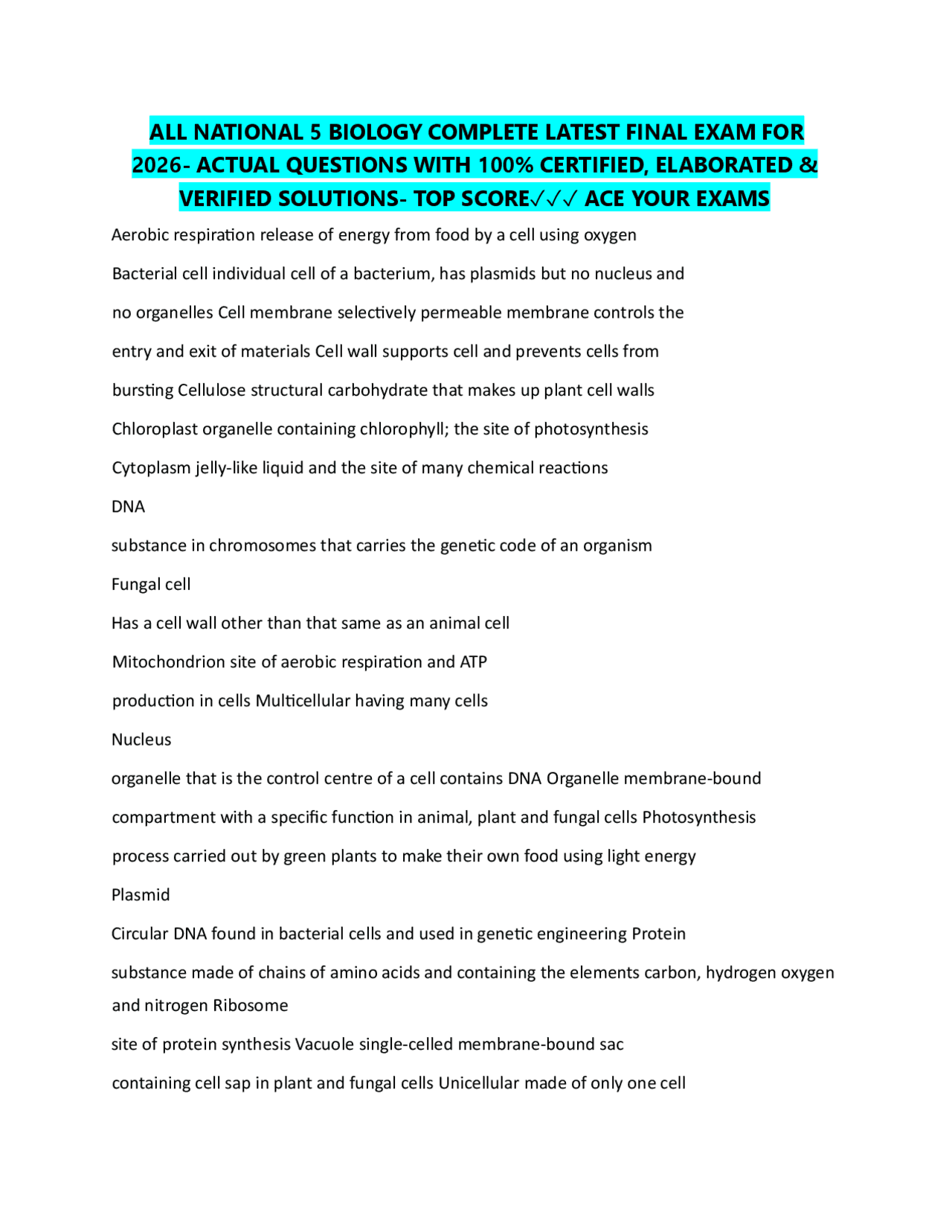 ALL NATIONAL 5 BIOLOGY COMPLETE LATEST FINAL EXAM FOR 2026- ACTUAL ...