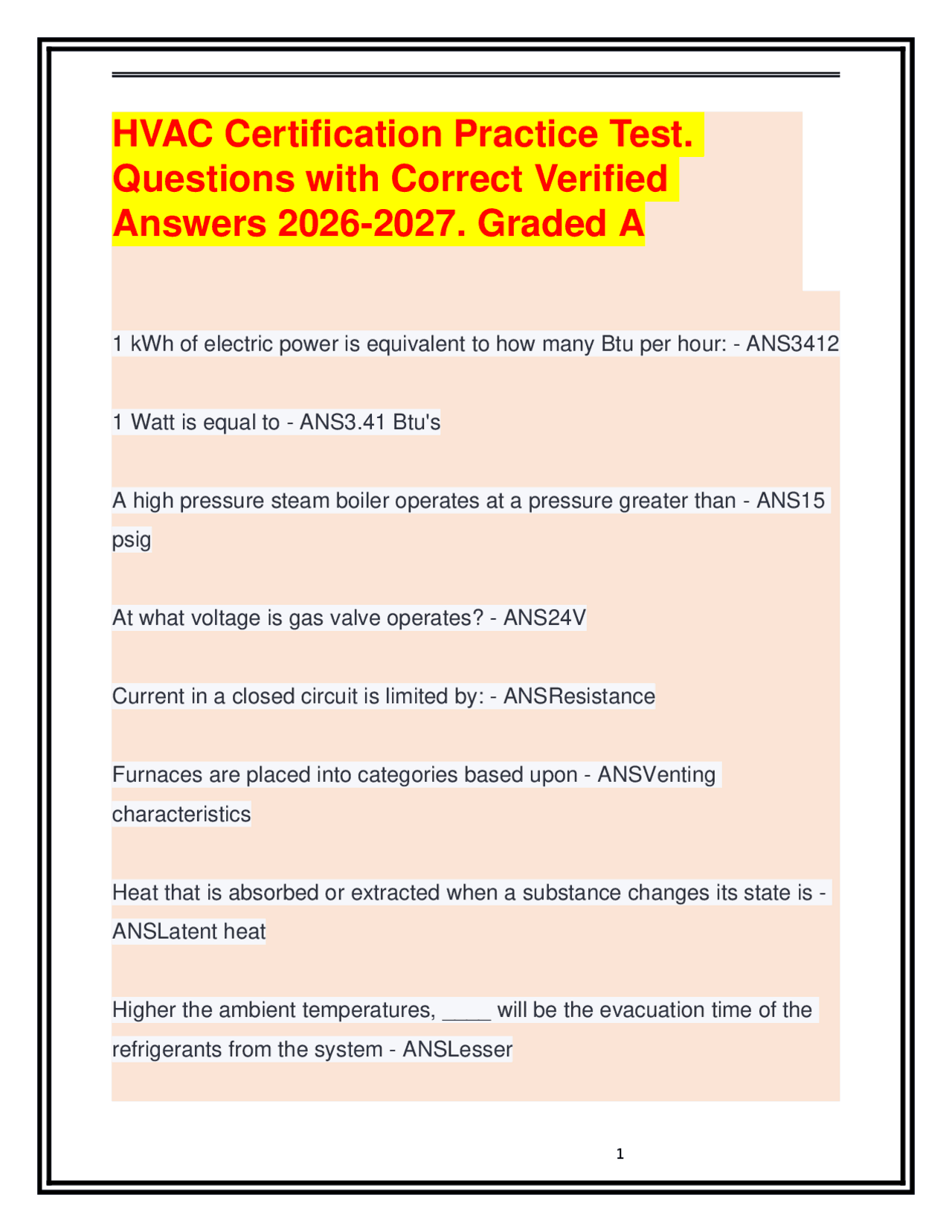 HVAC Certification Practice Test. Questions & Answers 2026-2027. Graded ...