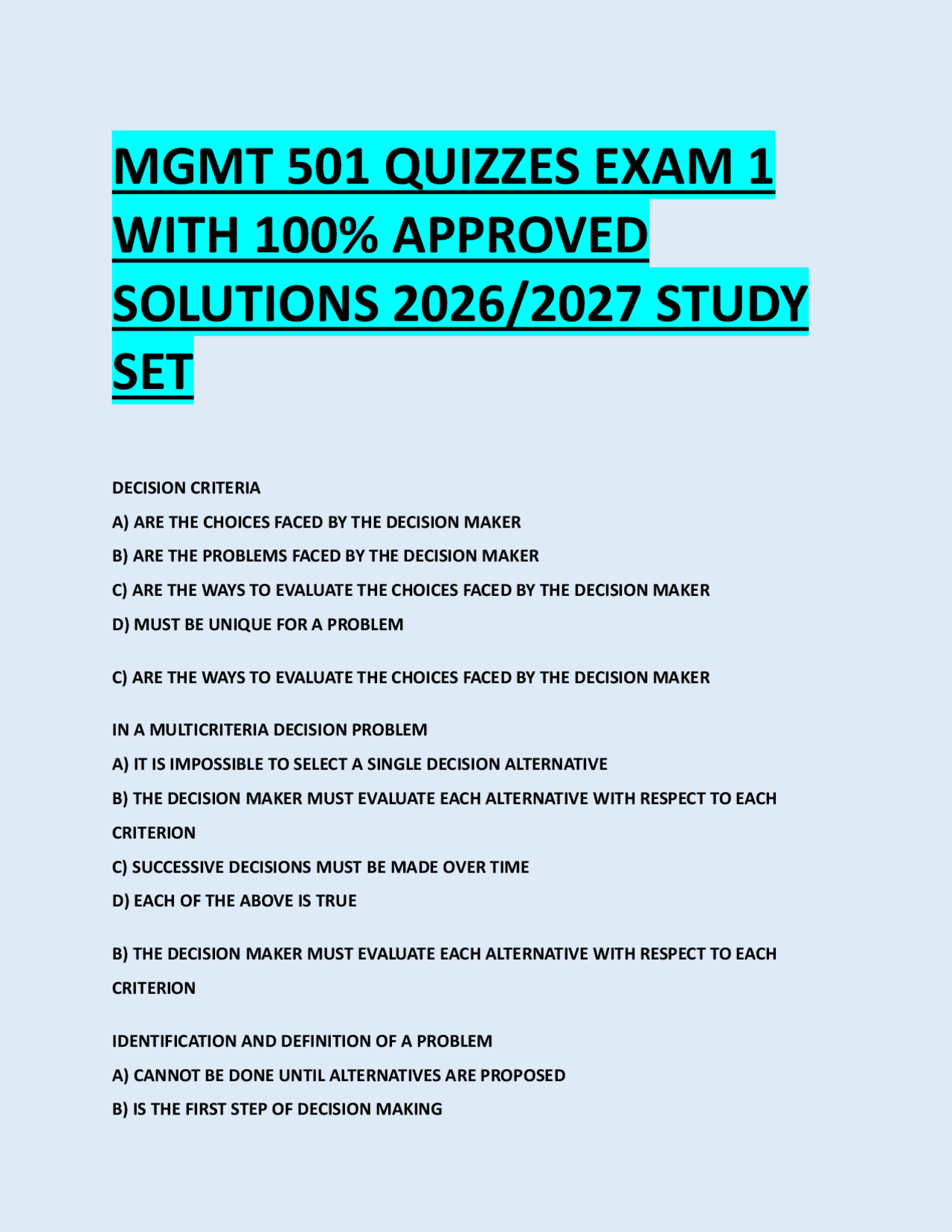 MGMT 501 QUIZZES EXAM 1 WITH 100% APPROVED SOLUTIONS 2026/2027 STUDY ...