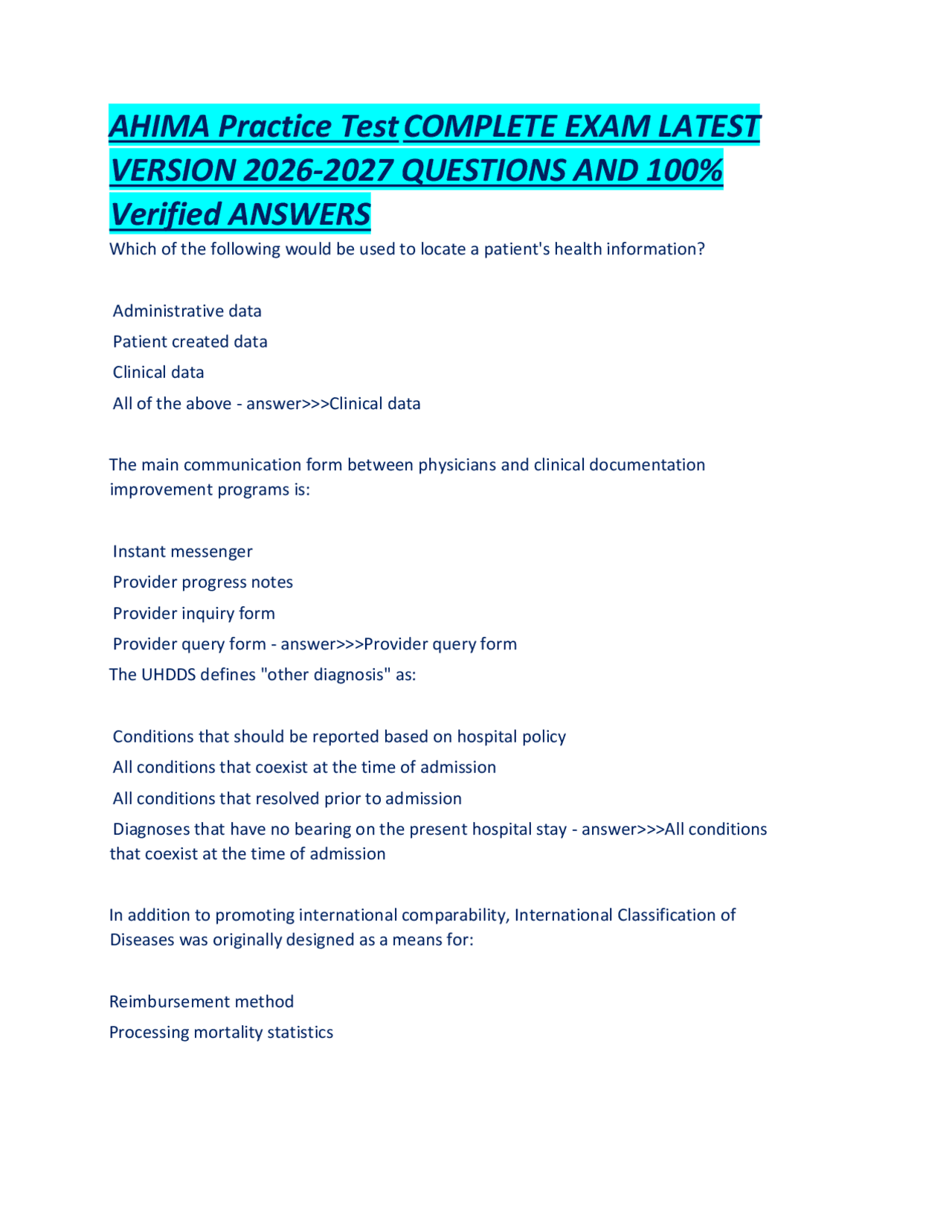 AHIMA Practice Test COMPLETE EXAM LATEST VERSION 2026-2027 QUESTIONS ...