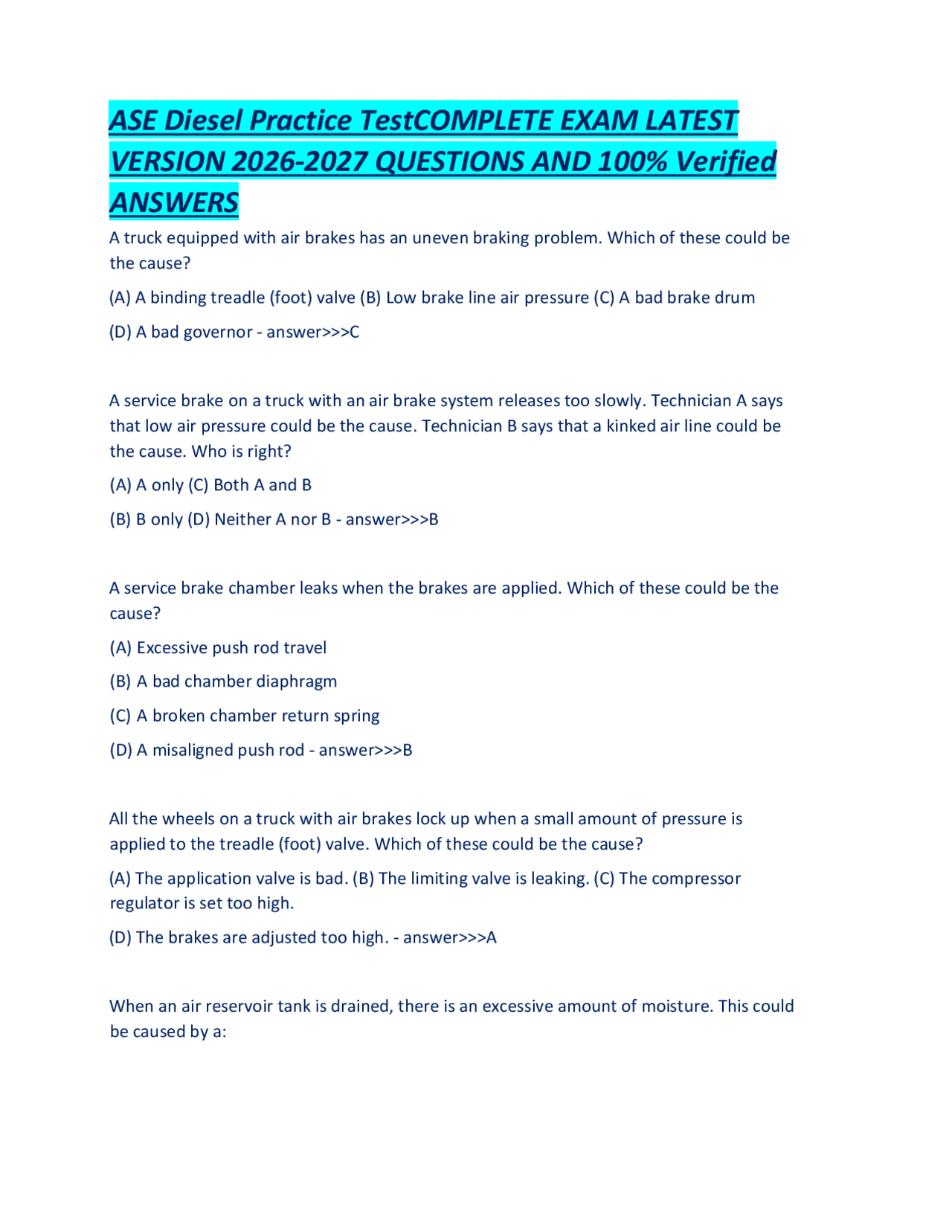 ASE Diesel Practice TestCOMPLETE EXAM LATEST VERSION 2026-2027 ...