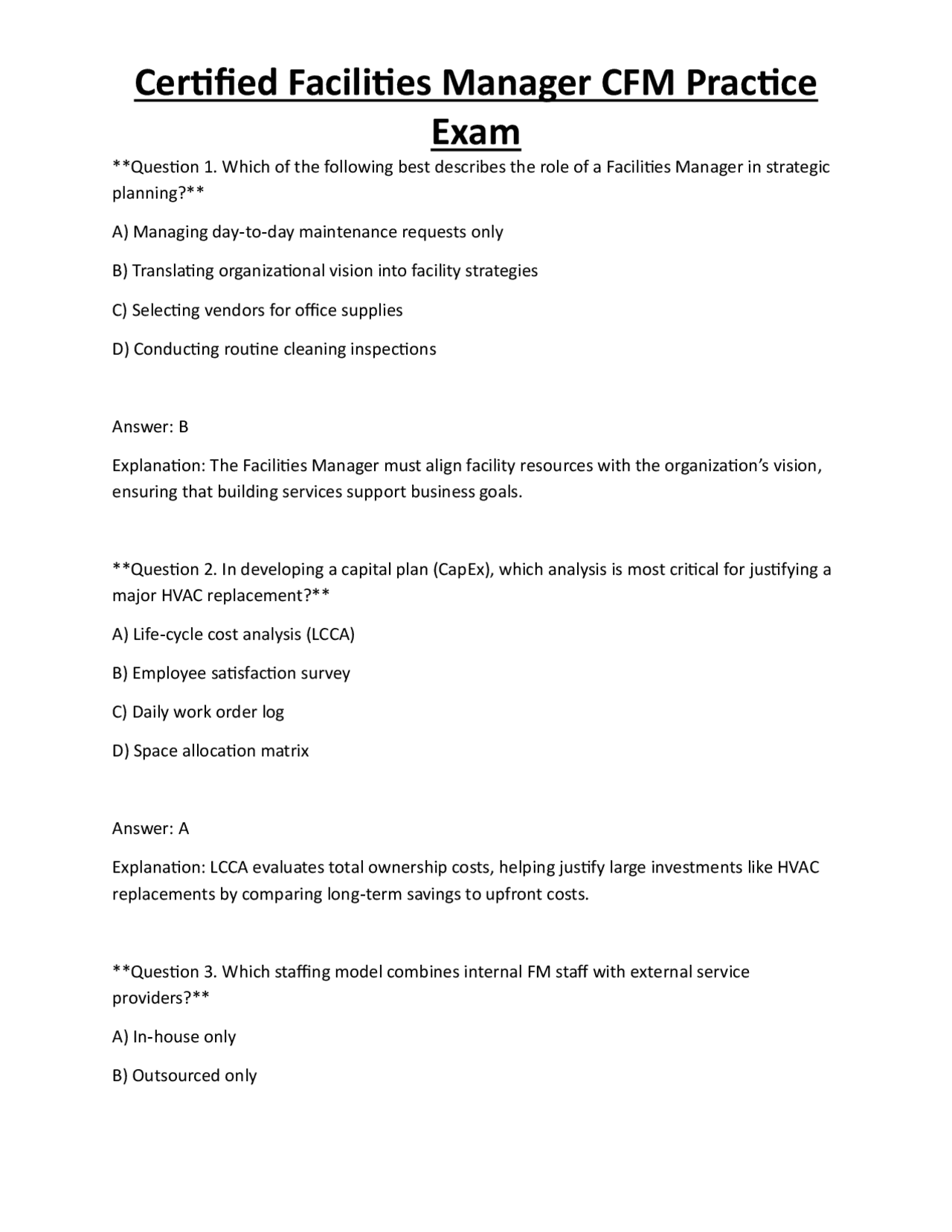 Certified Facilities Manager CFM Practice Exam | Exams Technology | Docsity
