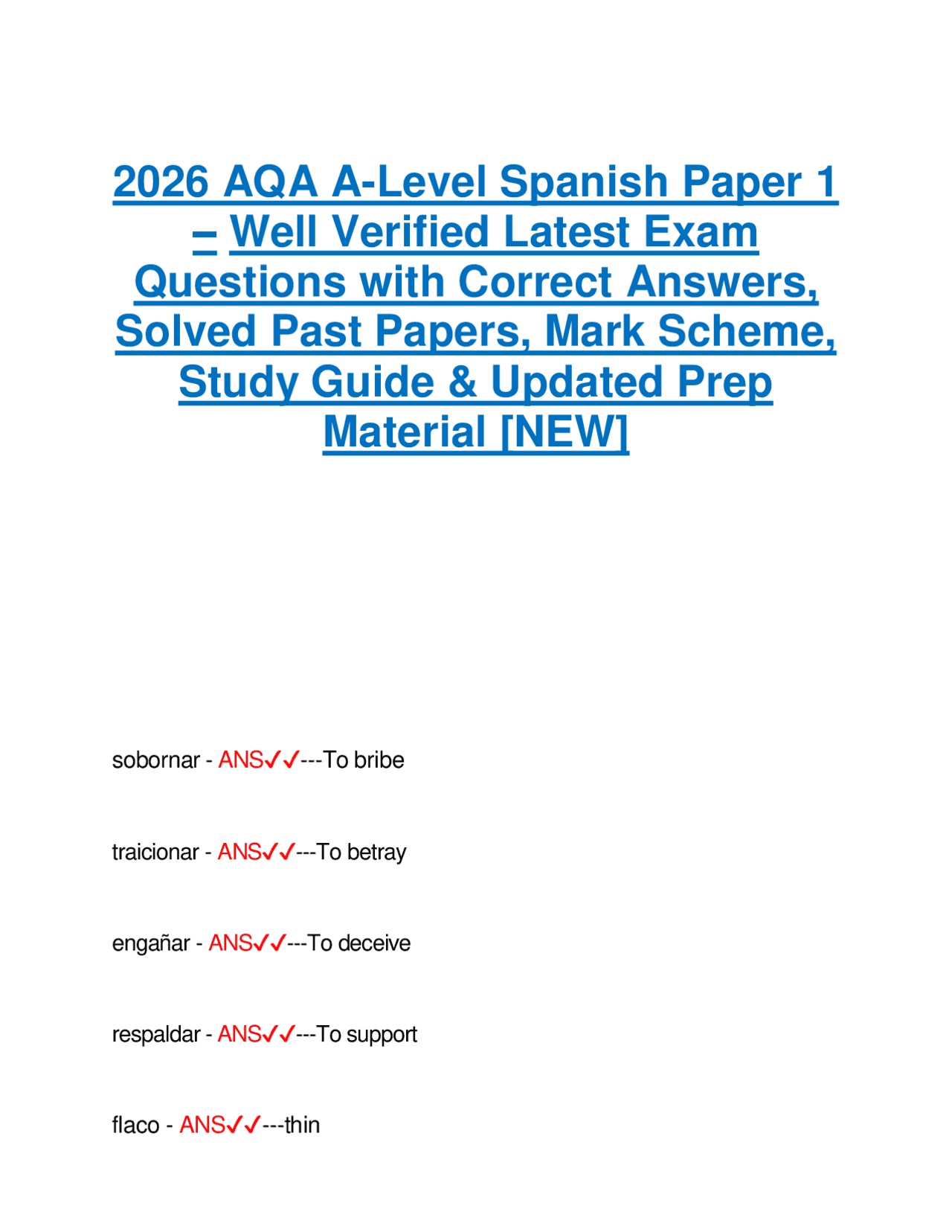 2026 AQA A-Level Spanish Paper 1 – Well Verified Latest Exam Questions ...