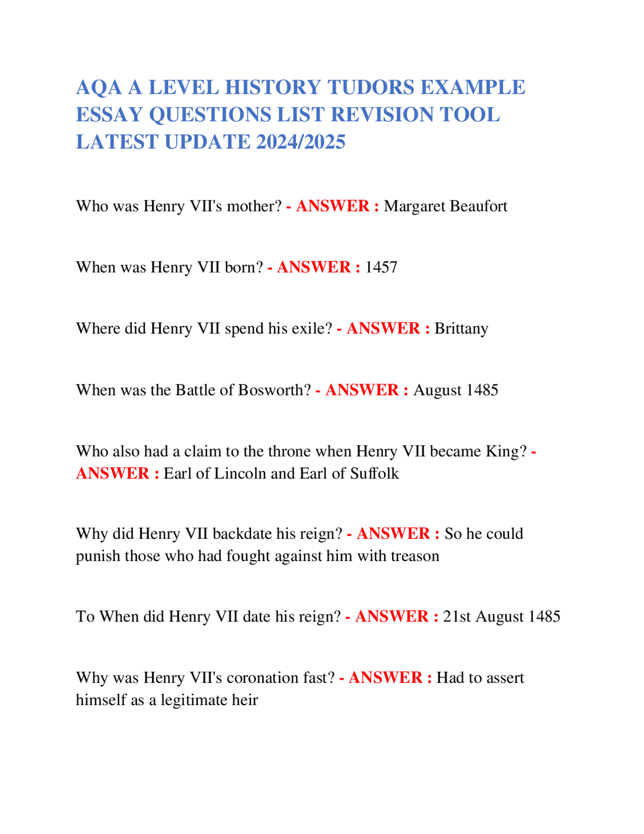 AQA A LEVEL HISTORY TUDORS EXAMPLE ESSAY QUESTIONS LIST REVISION TOOL ...