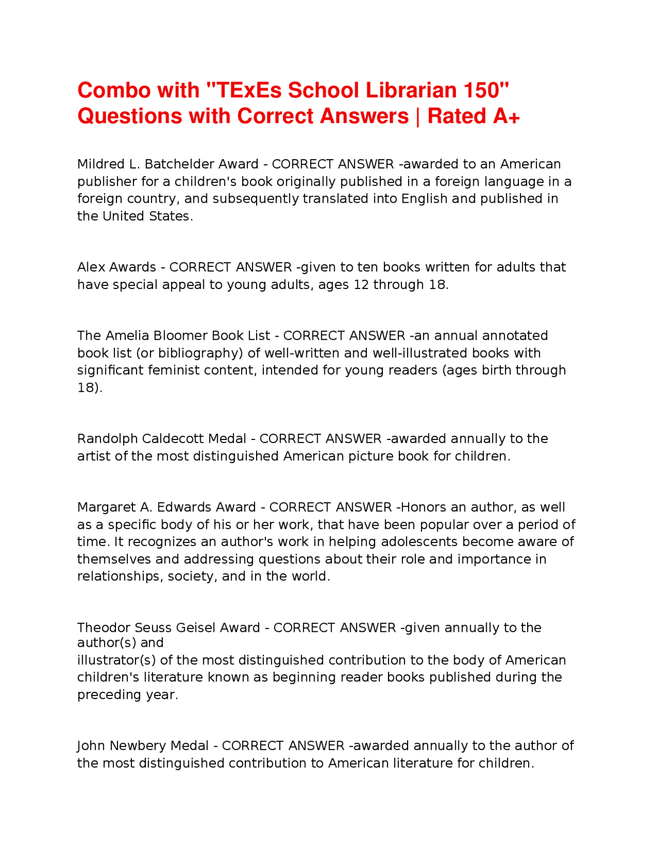 Texas Library Exercises TExES School Librarian 150 Questions with Correct Answers Rated A+ 2026 ...