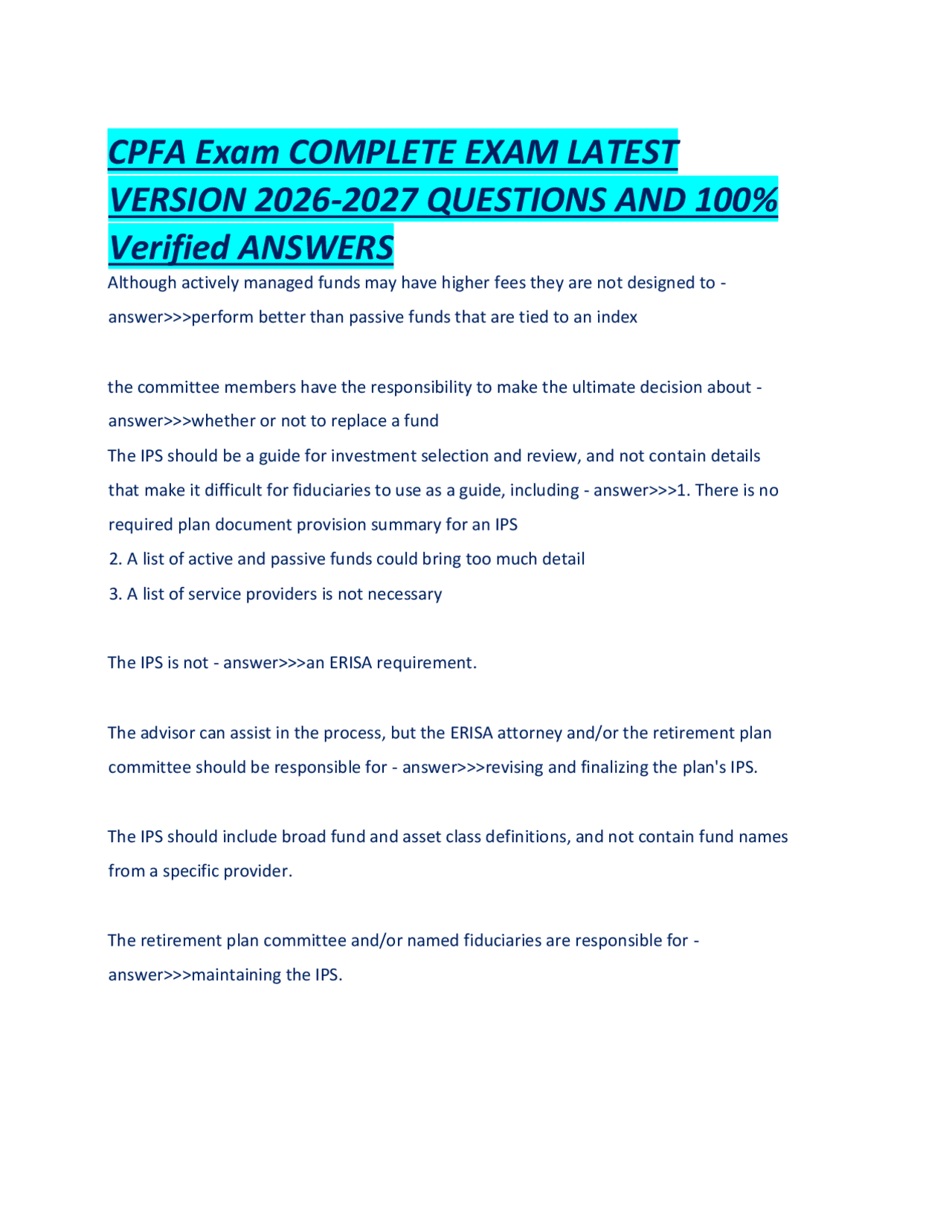 CPFA Exam COMPLETE EXAM LATEST VERSION 2026-2027 QUESTIONS AND 100% ...