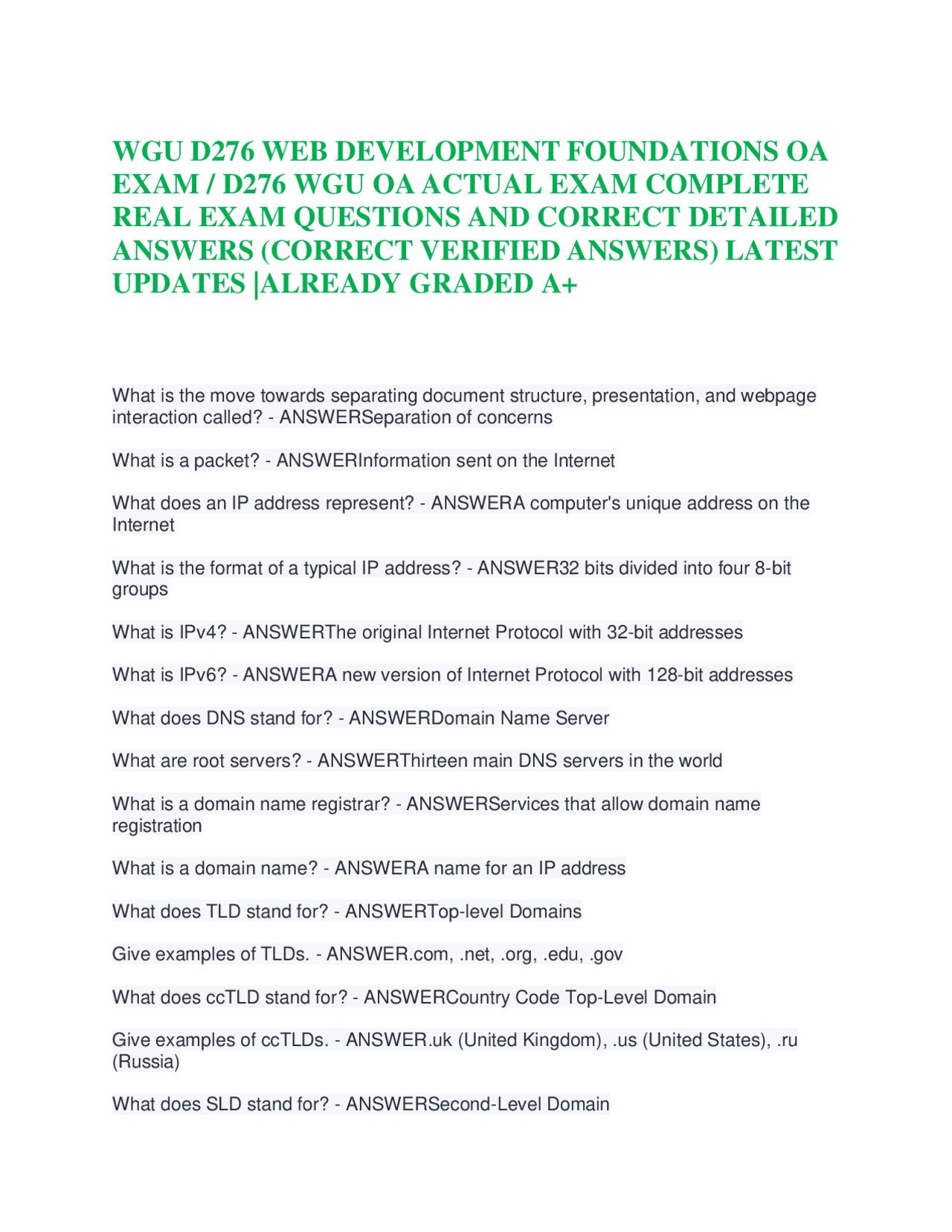 WGU D276 Web Development Foundations OA Exam: Verified Q&A Study Guide ...