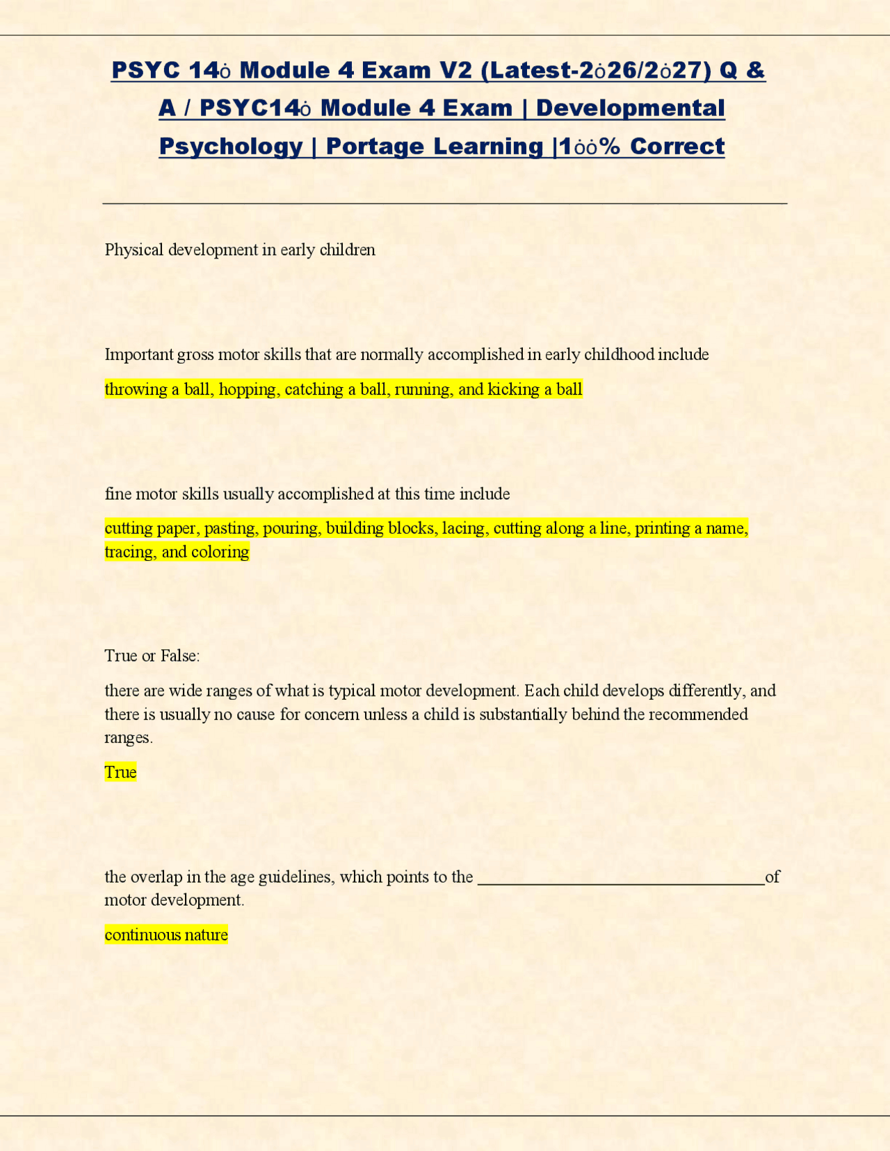 PSYC140 Module 4 Exam V2 Developmental Psychology Questions & Verified ...