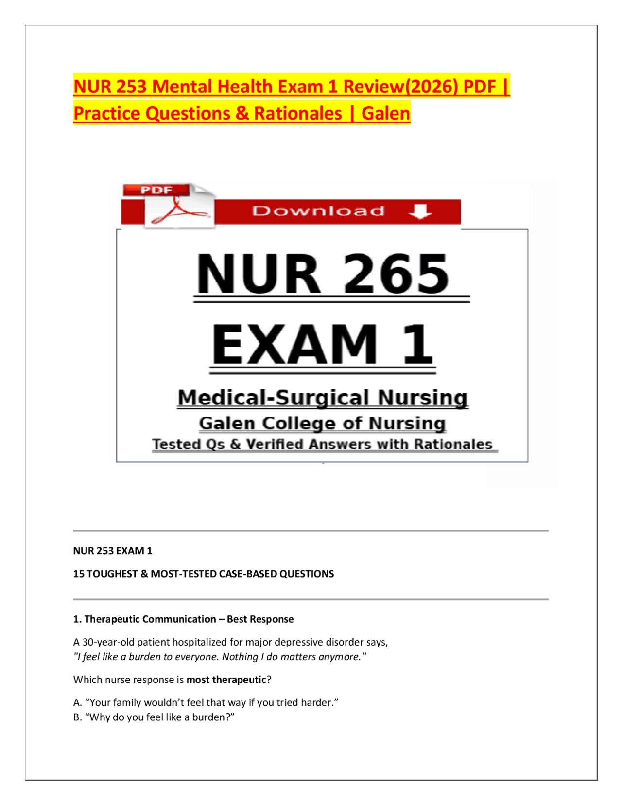 NUR 253 Mental Health Exam 1 Review(2026) PDF | Practice Questions ...