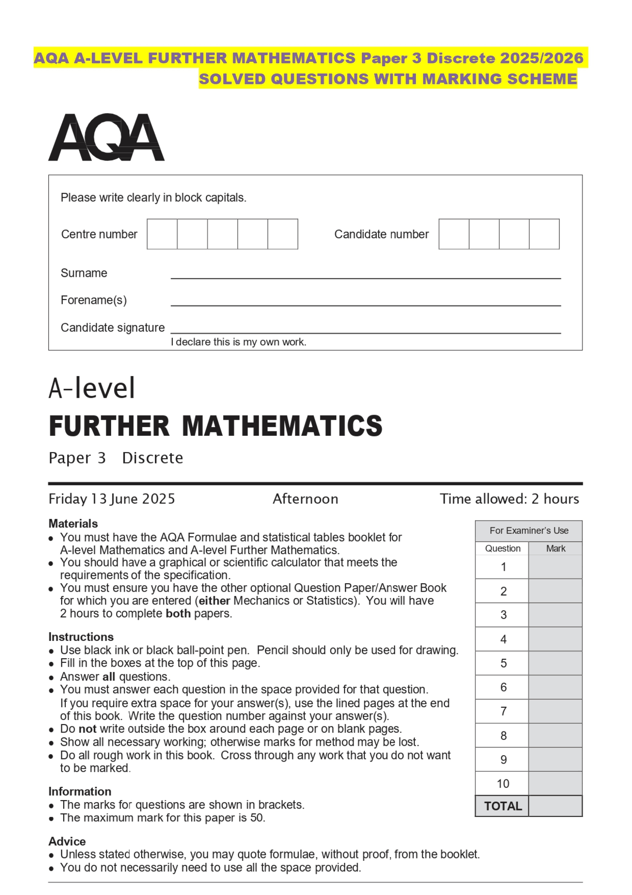 Futher Math Jc Question AQA A-LEVEL FURTHER MATHEMATICS Paper 3 Discrete 2025/2026 SOLVED ...
