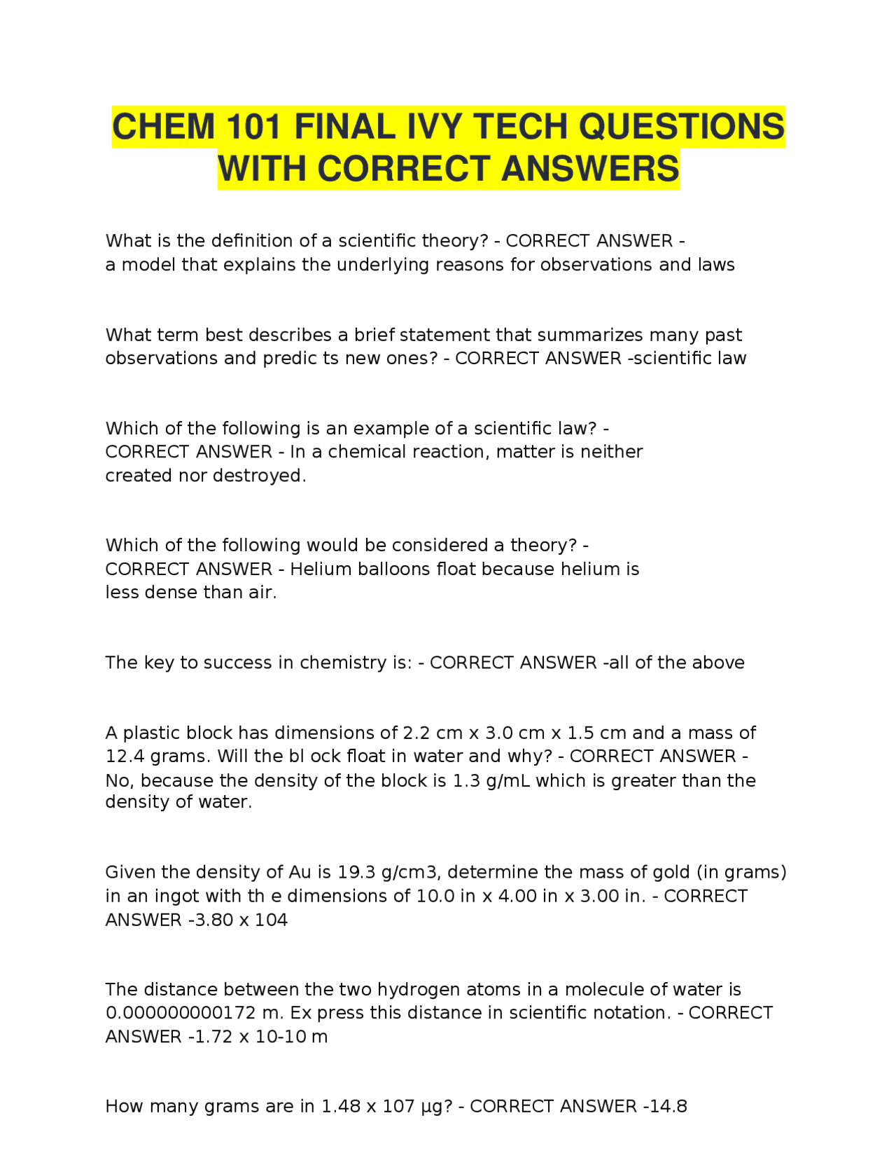 CHEM 101 Final Ivy Tech Questions with Correct Answers 2026 | College ...