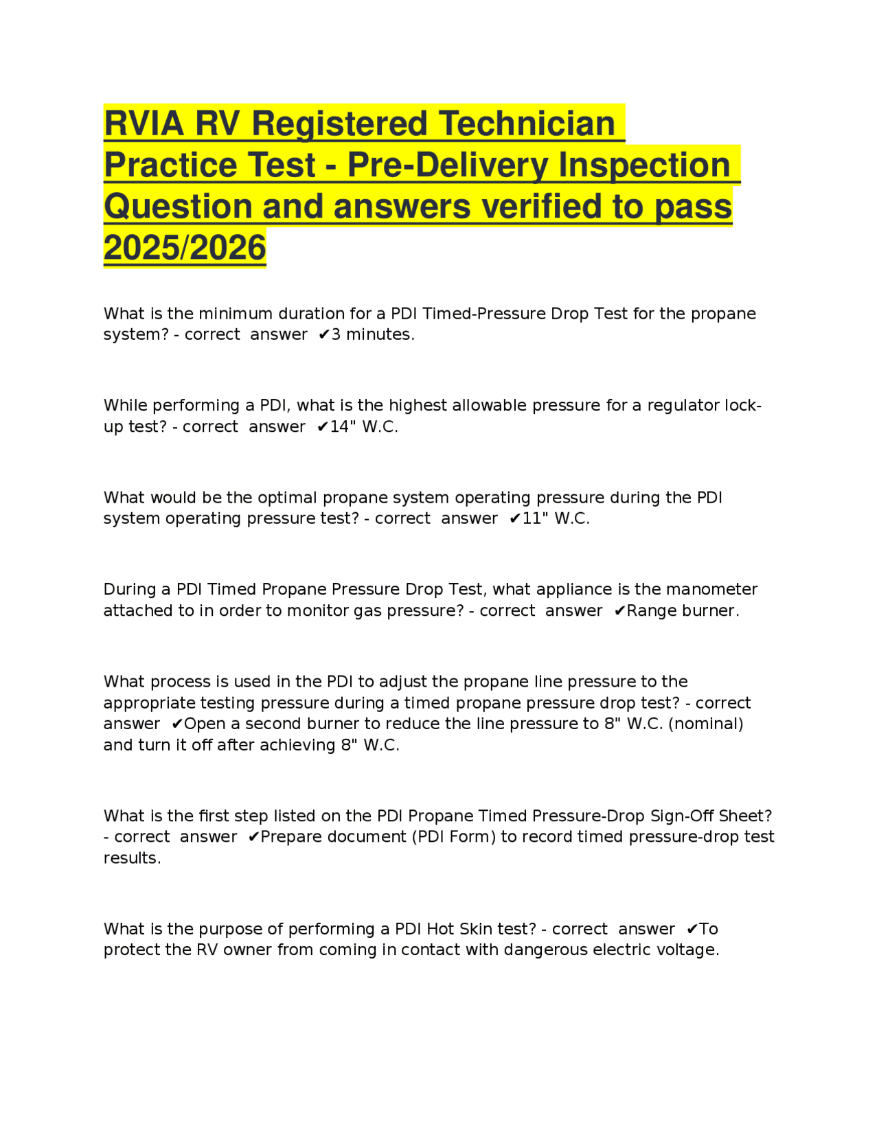 RVIA RV Registered Technician Practice Test - Pre-Delivery Inspection ...