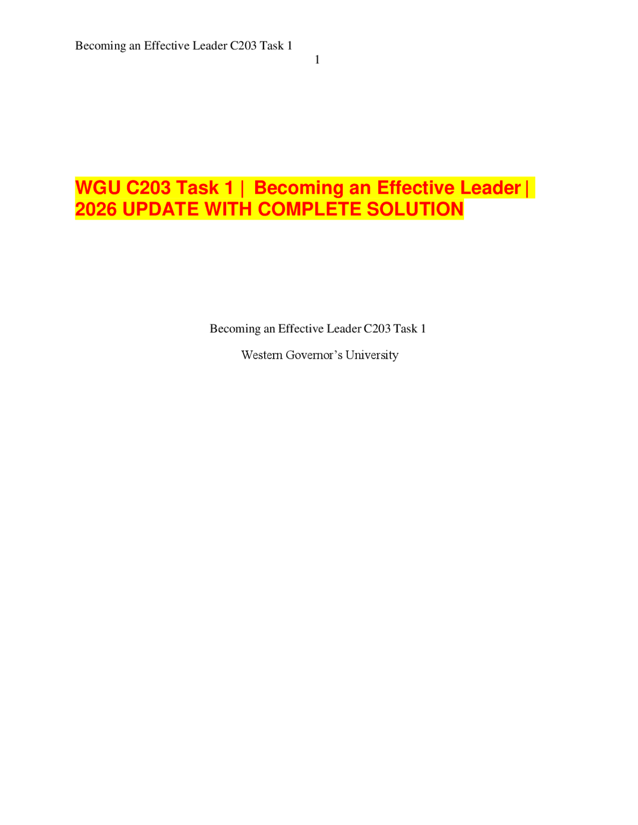 WGU C203 Task 1 Becoming an Effective Leader 2026 UPDATE WITH COMPLETE ...