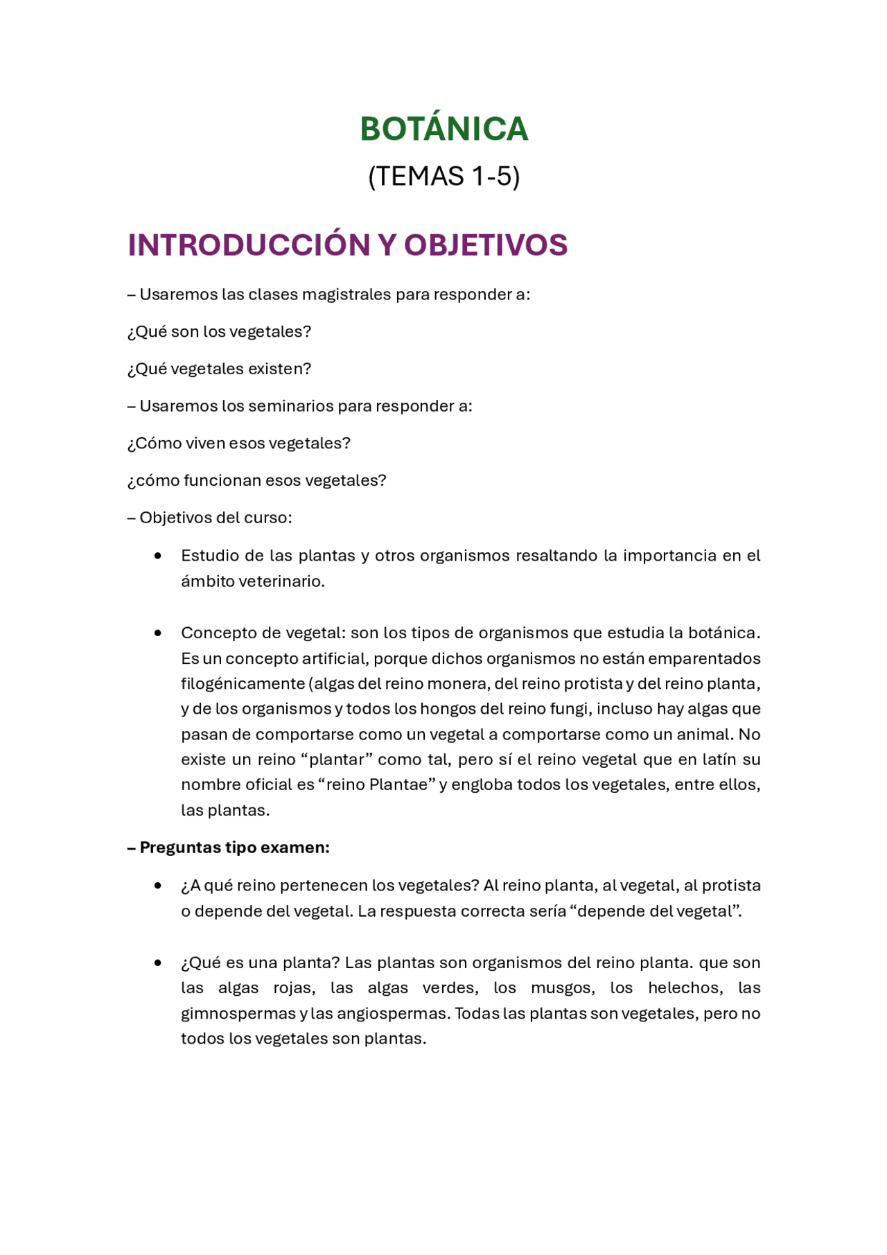 M1-M5 – RESUMEN MAGISTRALES – BOTÁNICA | Apuntes de Medicina Veterinaria |  Docsity