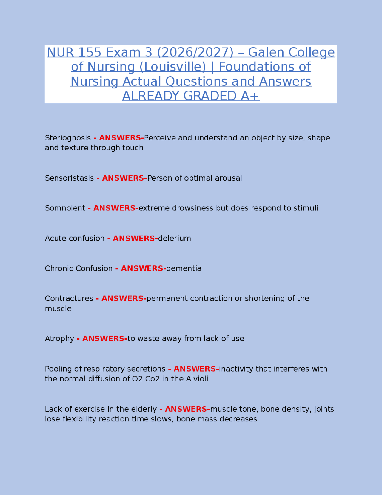 NUR 155 Exam 3 (2026/2027) – Galen College of Nursing (Louisville ...
