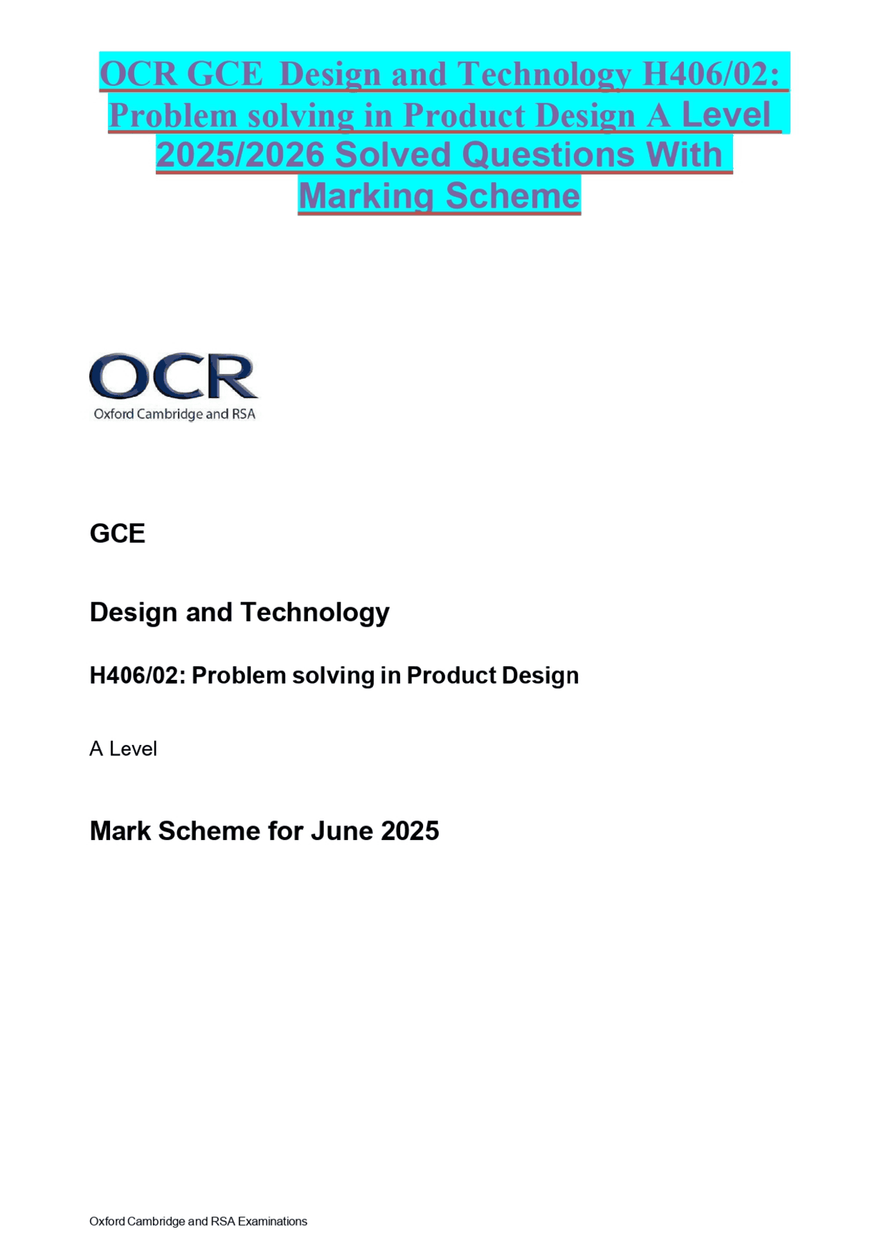 OCR GCE Design and Technology H406/02: Problem solving in Product ...