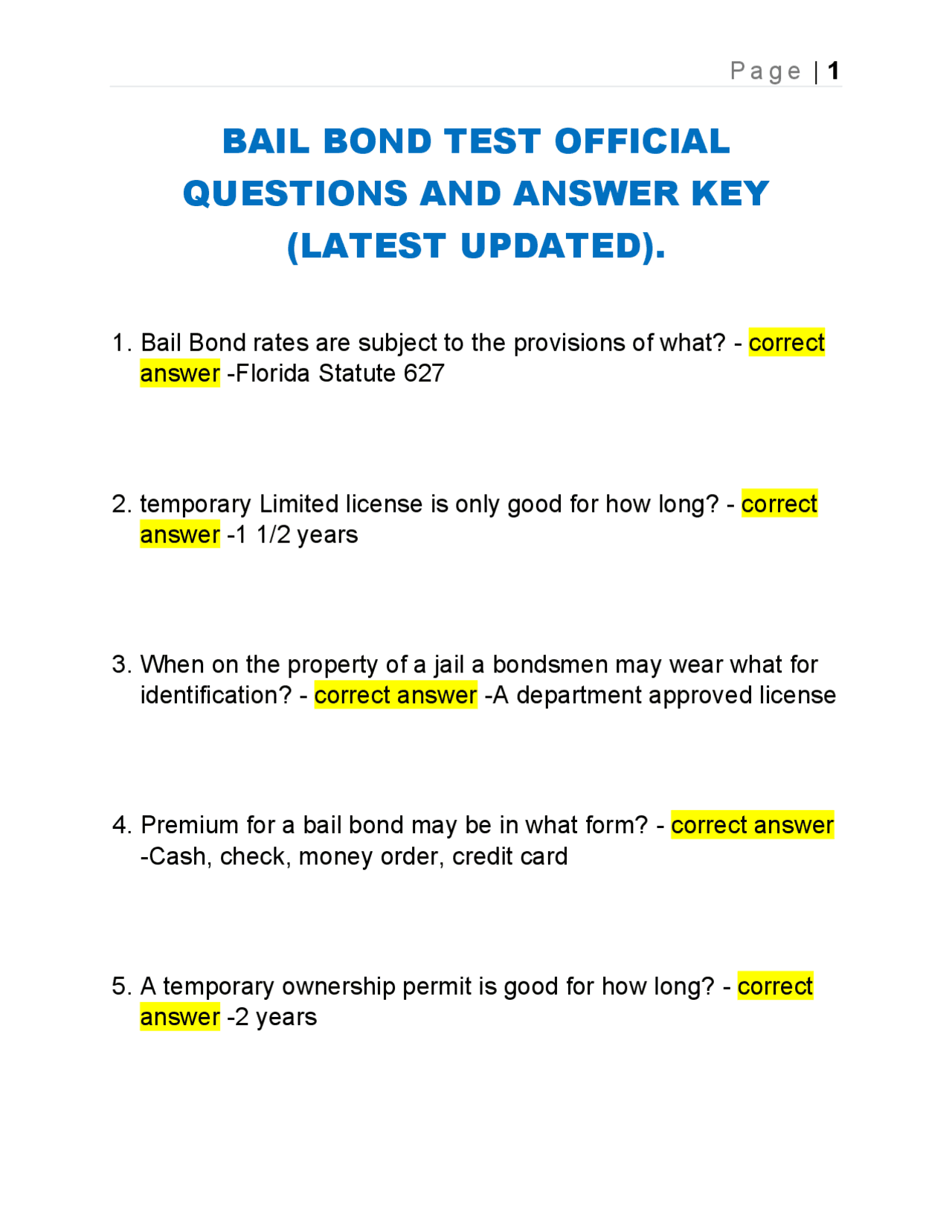 BAIL BOND TEST OFFICIAL QUESTIONS AND ANSWER KEY (LATEST UPDATED ...