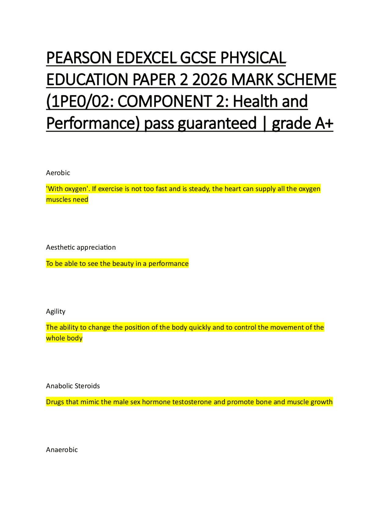 PEARSON EDEXCEL GCSE PHYSICAL EDUCATION PAPER 2 2026 MARK SCHEME (1PE0 ...